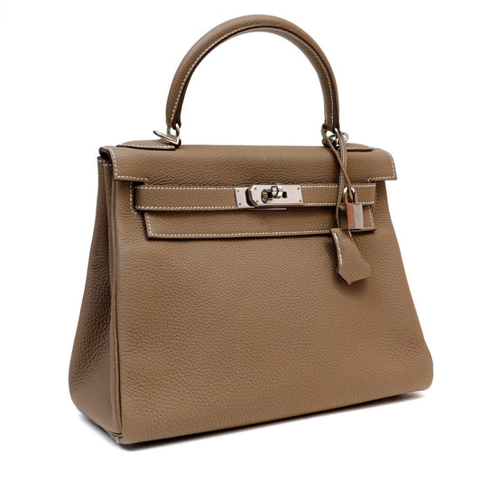 Luxury Hermes 28cm Etoupe Togo Kelly w/ Palladium Hardware & White Stitching