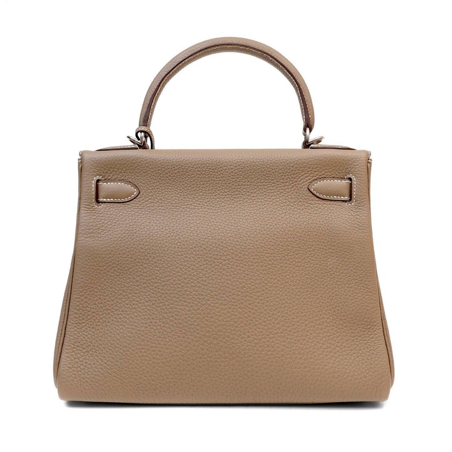 Luxury Hermes 28cm Etoupe Togo Kelly w/ Palladium Hardware & White Stitching