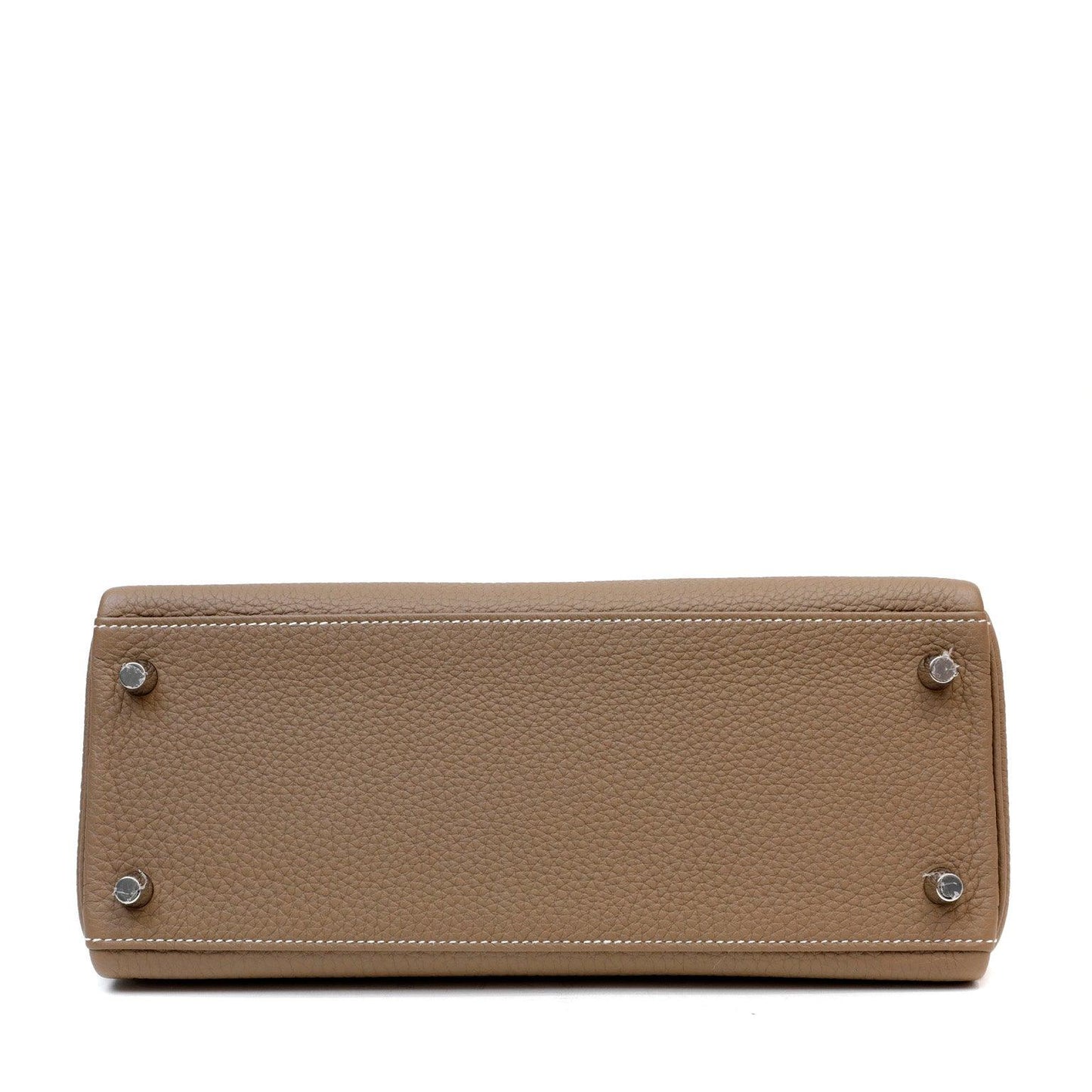 Luxury Hermes 28cm Etoupe Togo Kelly w/ Palladium Hardware & White Stitching