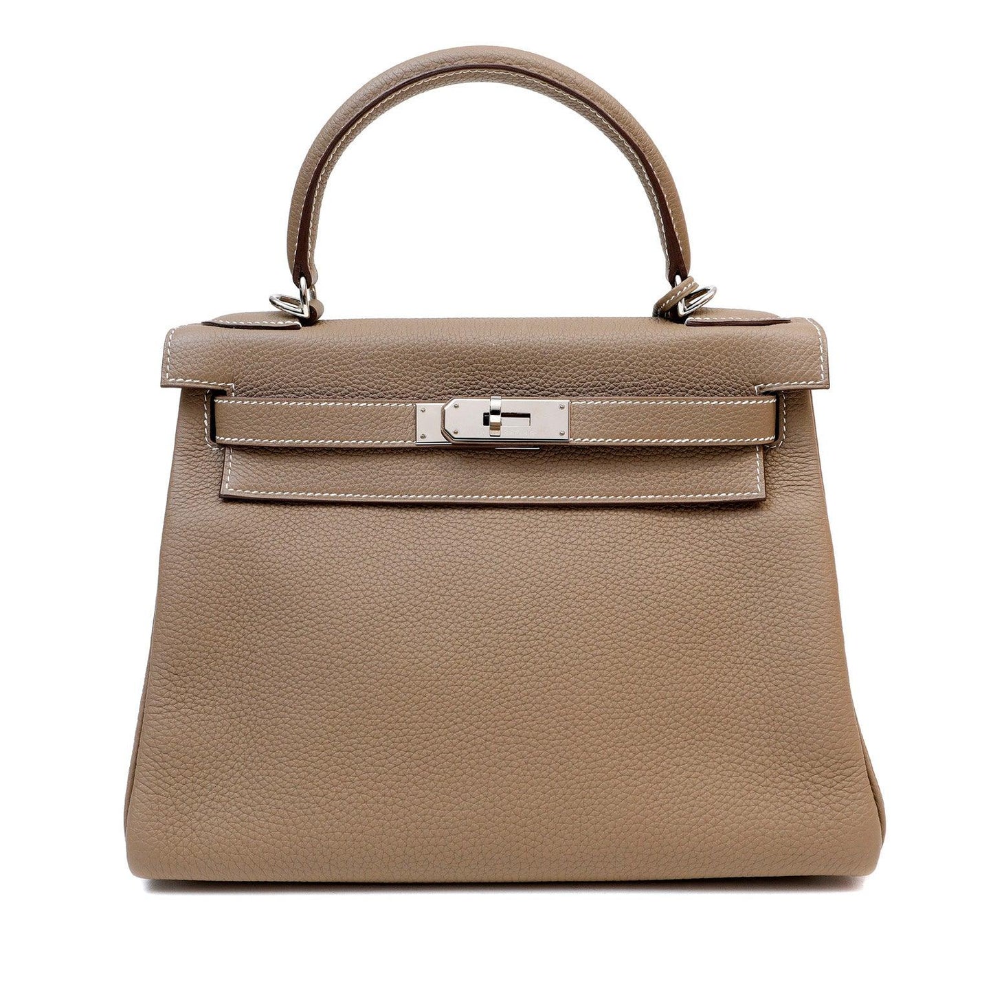 Luxury Hermes 28cm Etoupe Togo Kelly w/ Palladium Hardware & White Stitching