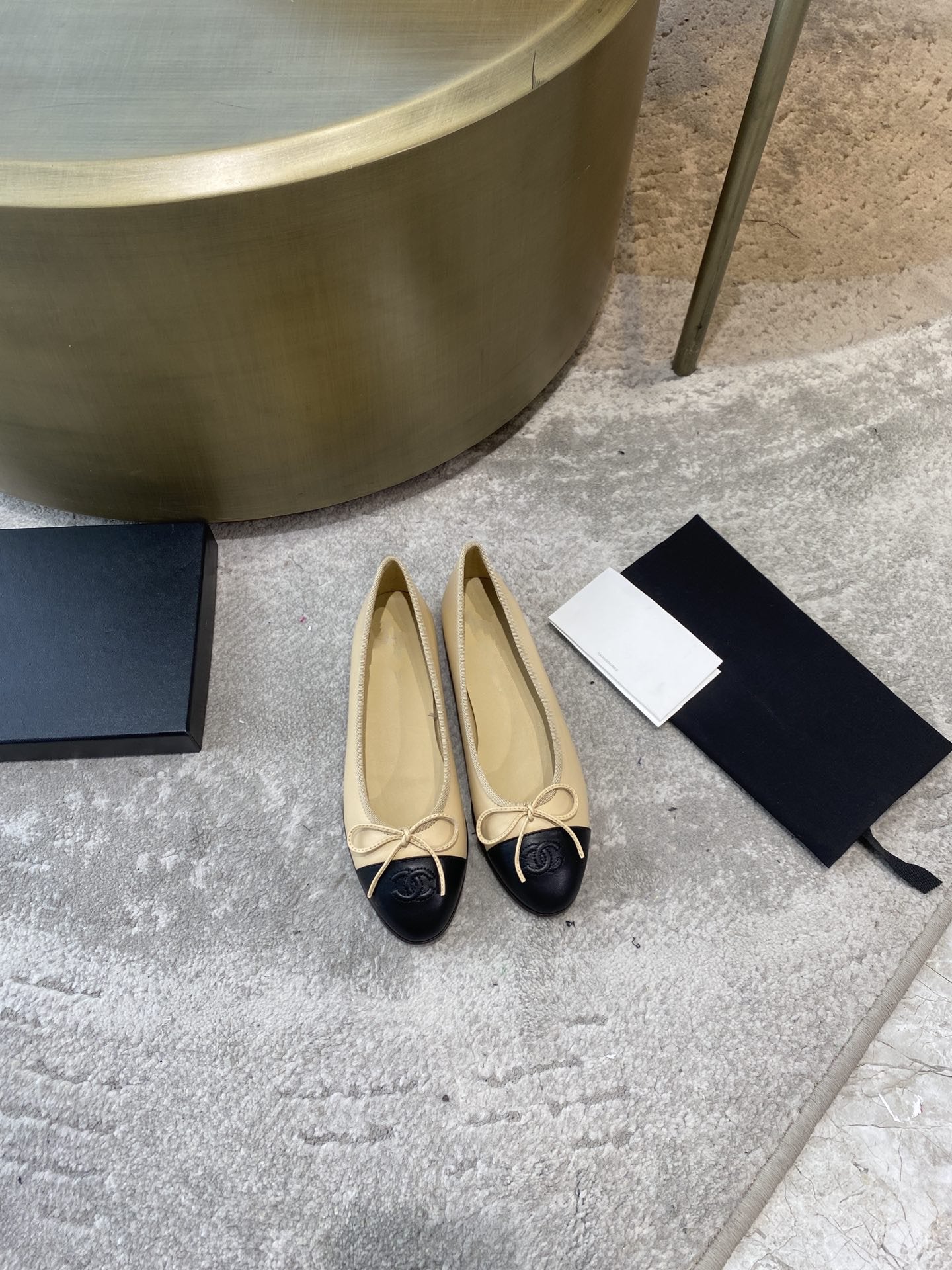 Luxury Chanel ballet flats beige black lambskin