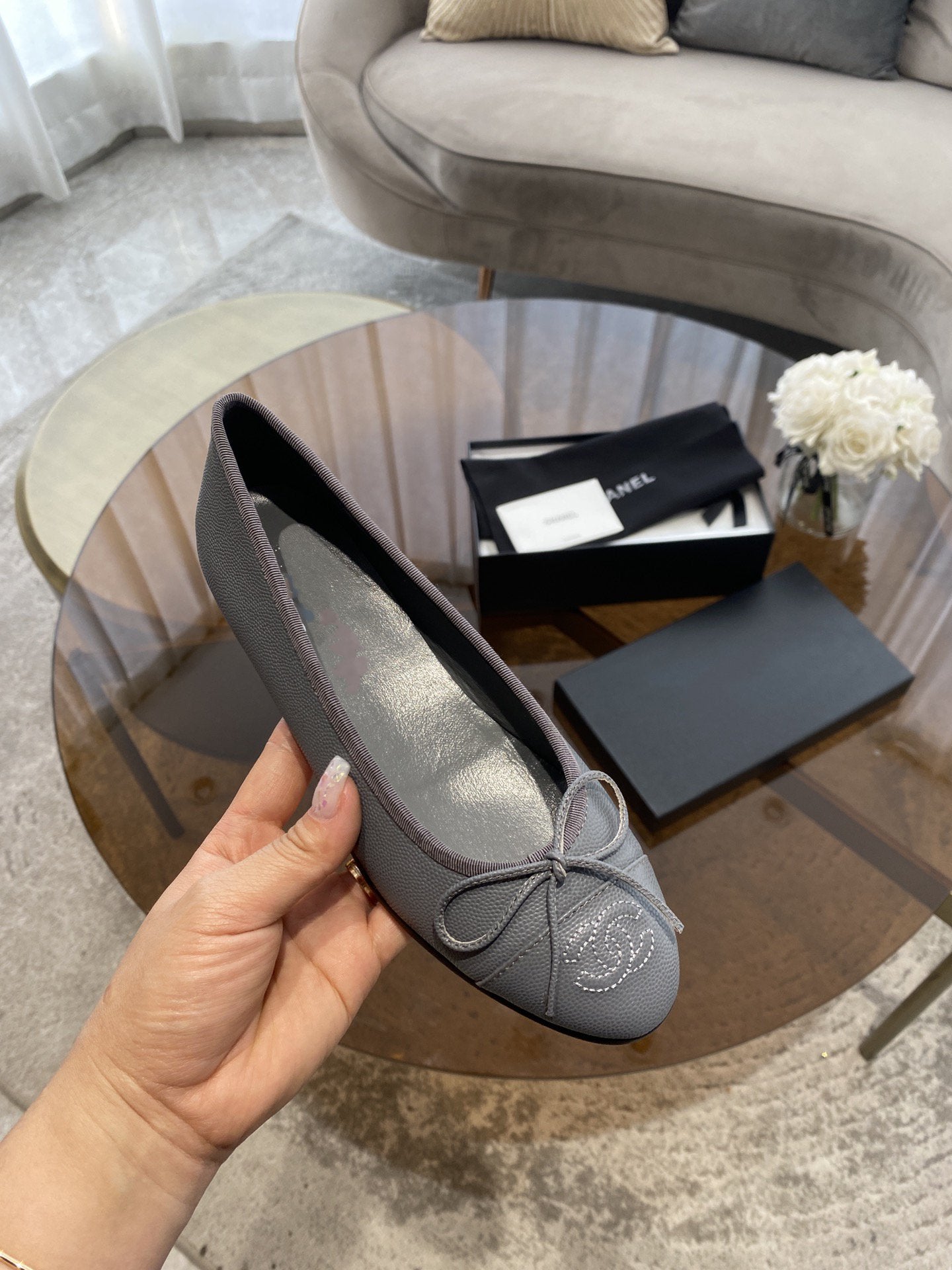 Luxury Chanel ballet flats grey grained calfskin