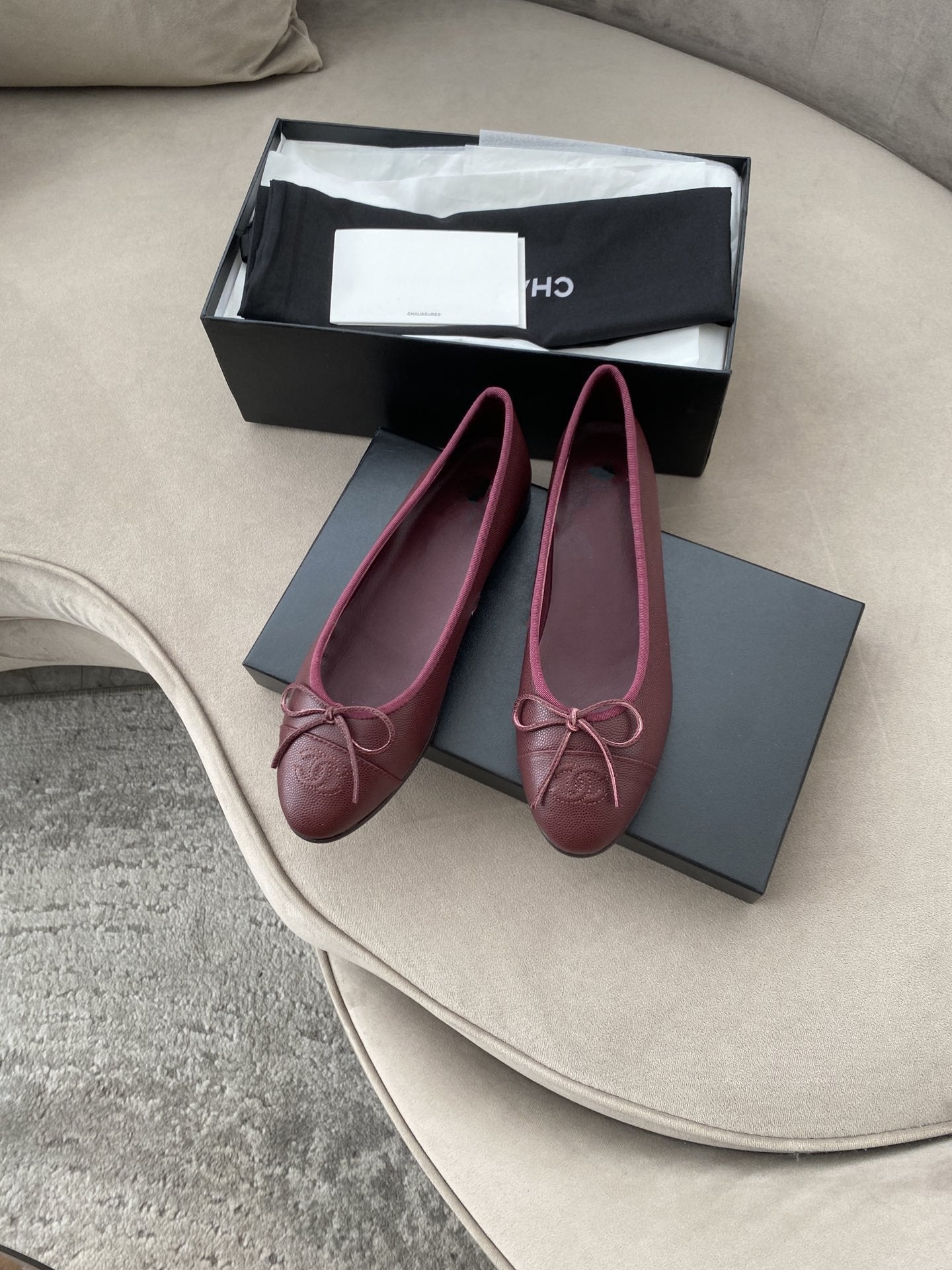 Luxury Chanel ballet flats burgundy grained calfskin