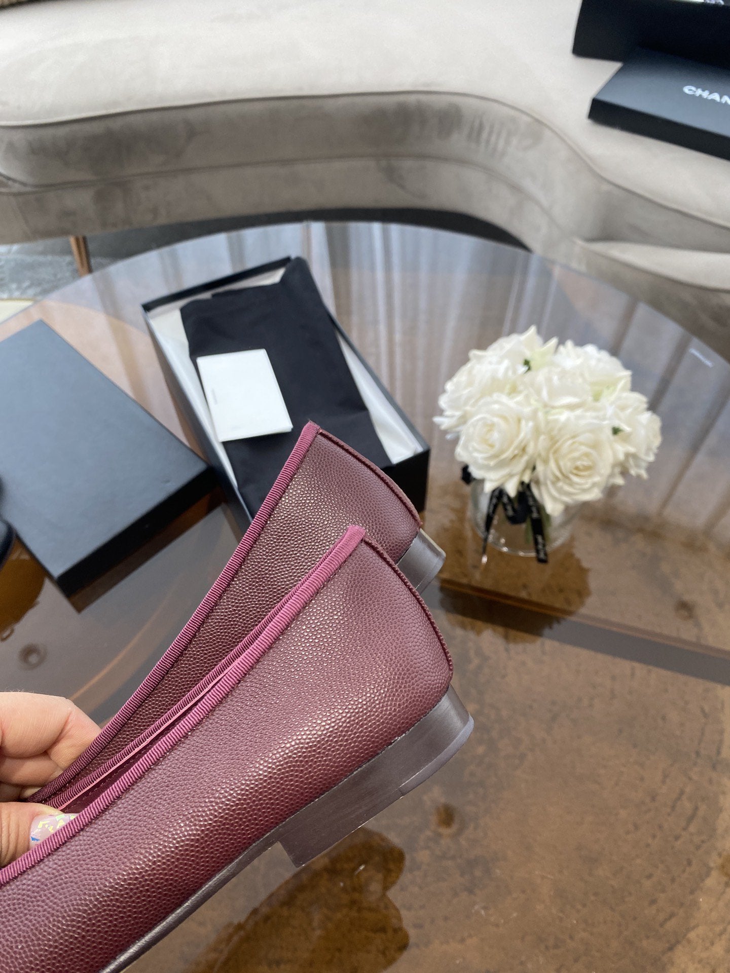 Luxury Chanel ballet flats burgundy grained calfskin