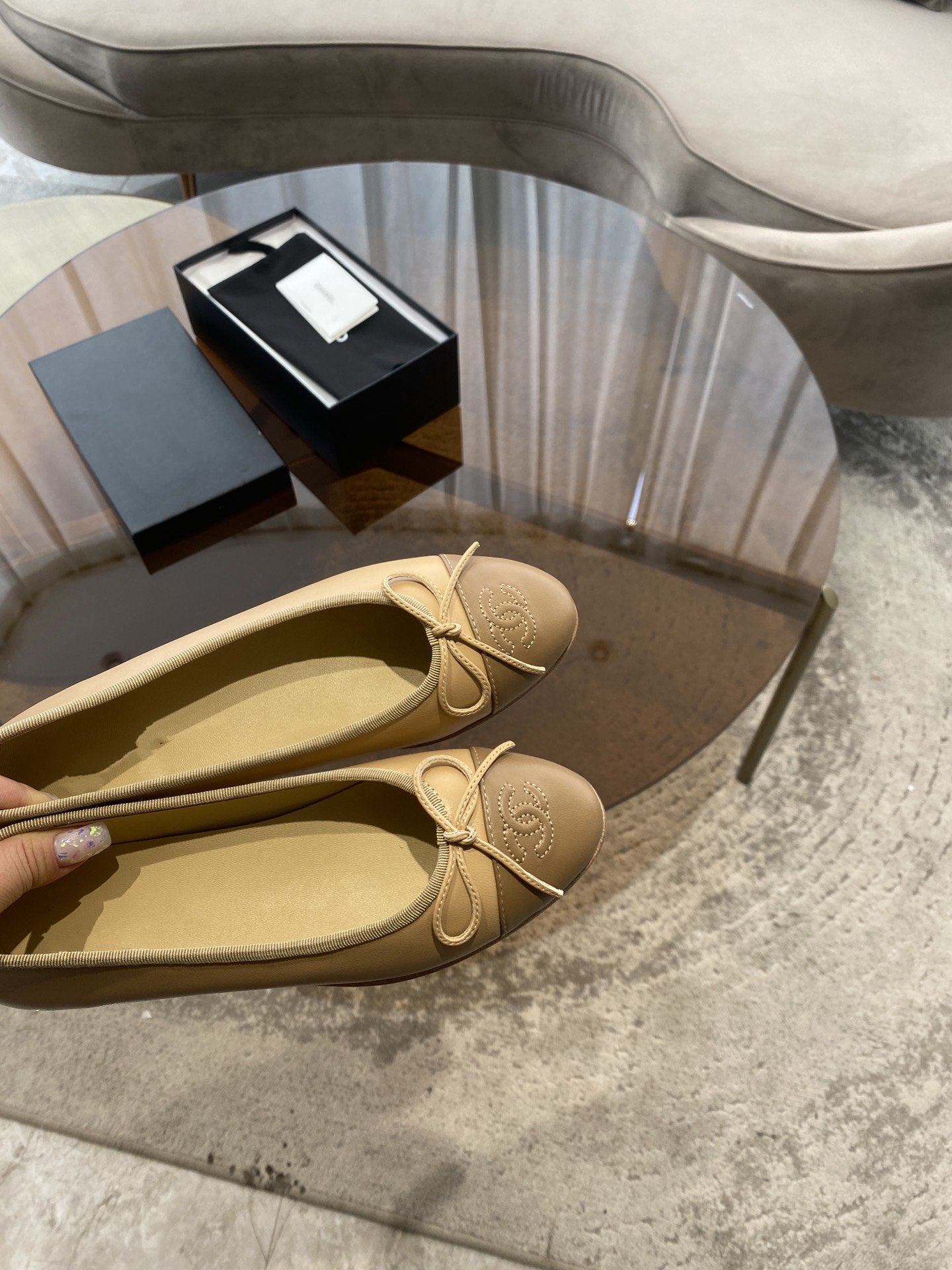 Luxury Chanel ballet flats beige brown lambskin