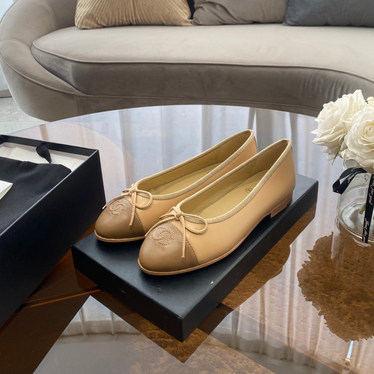Luxury Chanel ballet flats beige brown lambskin