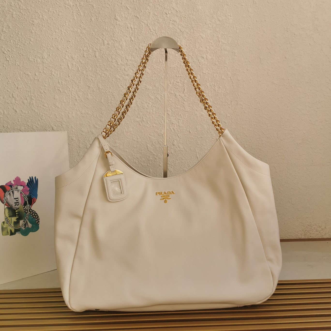 Luxury PradaCHAIN TOTE 39 SOFT WHITE CALFSKIN