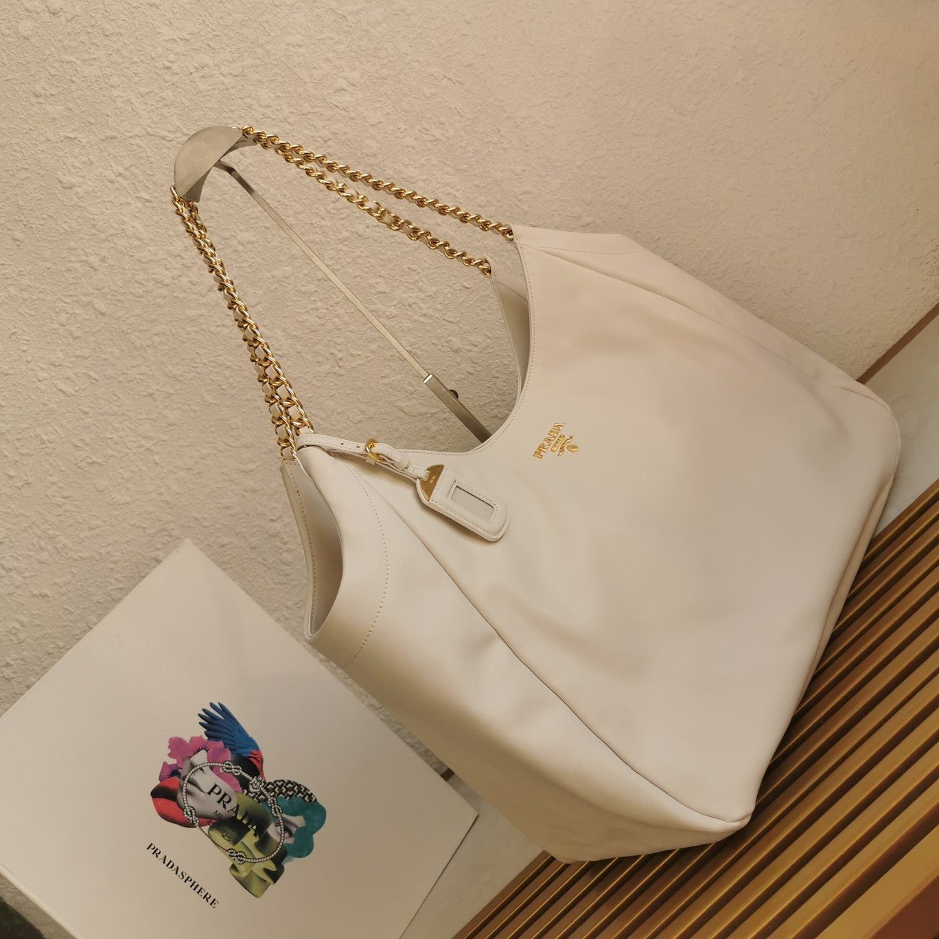 Luxury PradaCHAIN TOTE 39 SOFT WHITE CALFSKIN