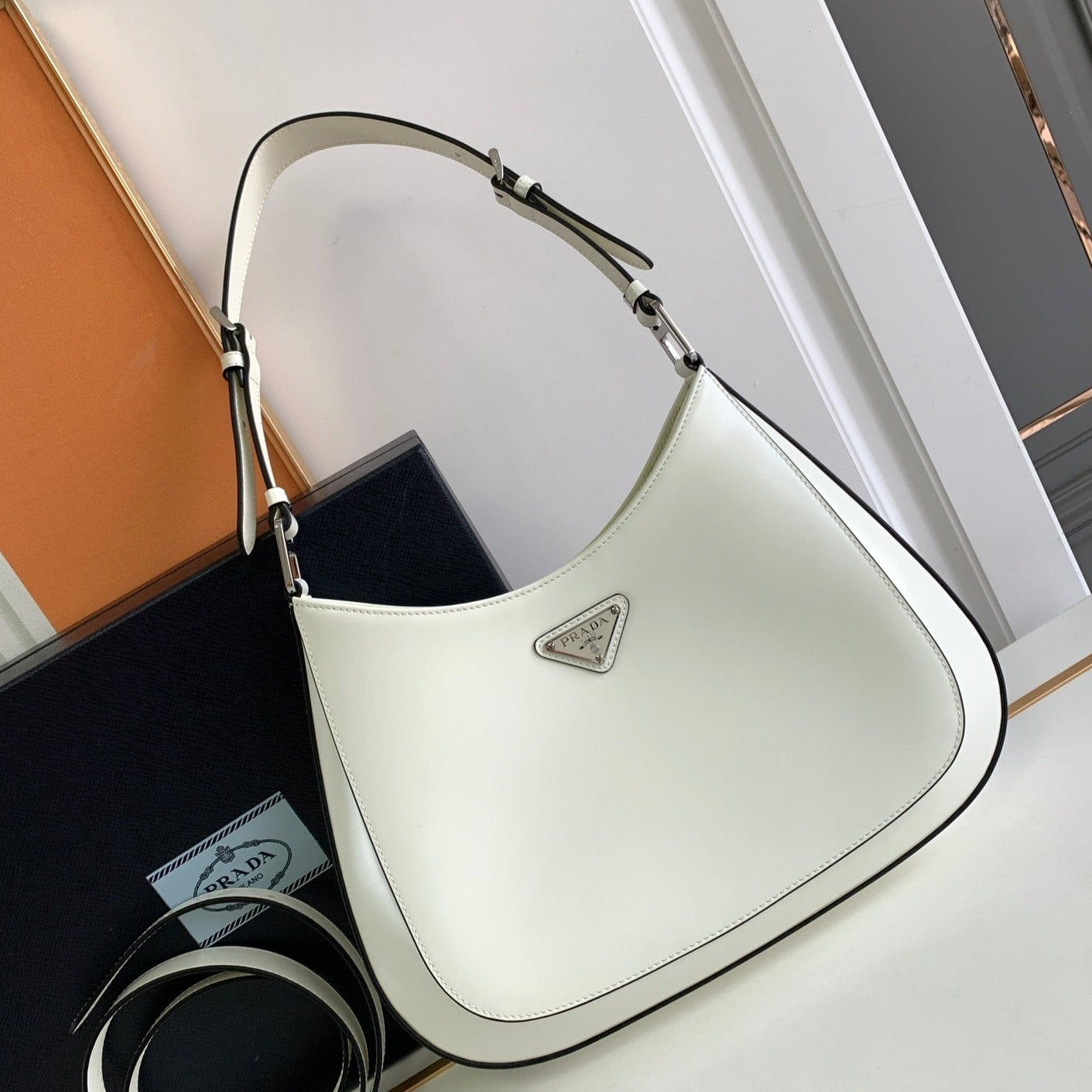 Luxury PradaCLEO 30 WHITE BLACK BRUSHED LEATHER SHOULDER BAG