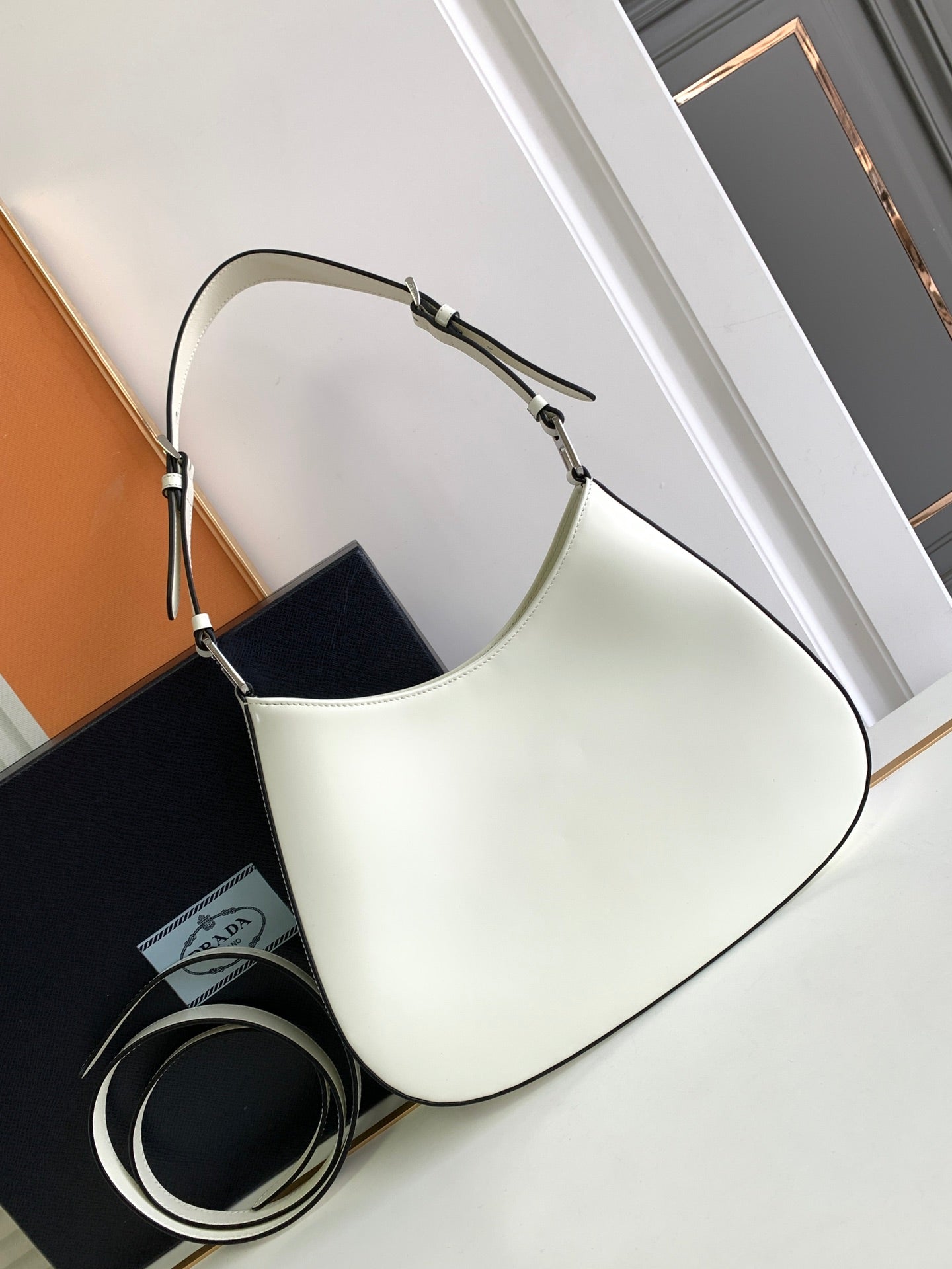 Luxury PradaCLEO 30 WHITE BLACK BRUSHED LEATHER SHOULDER BAG