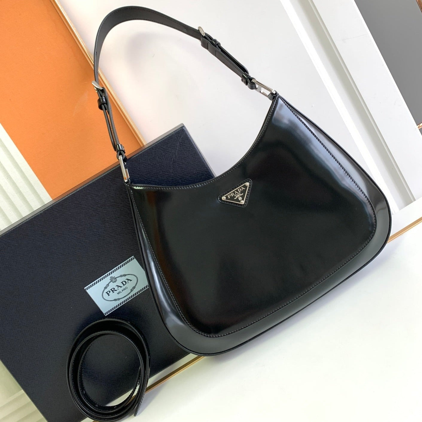 Luxury PradaCLEO 30 BLACK BRUSHED LEATHER SHOULDER BAG