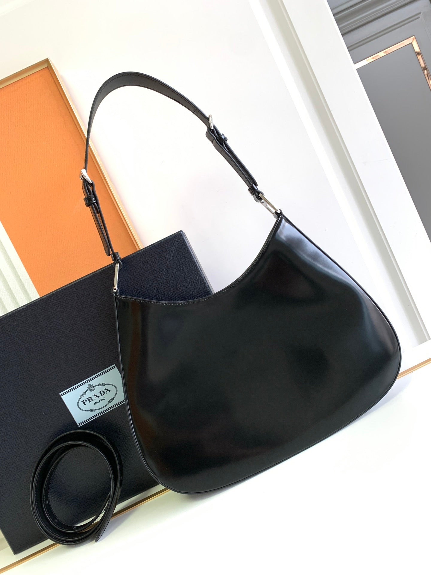 Luxury PradaCLEO 30 BLACK BRUSHED LEATHER SHOULDER BAG