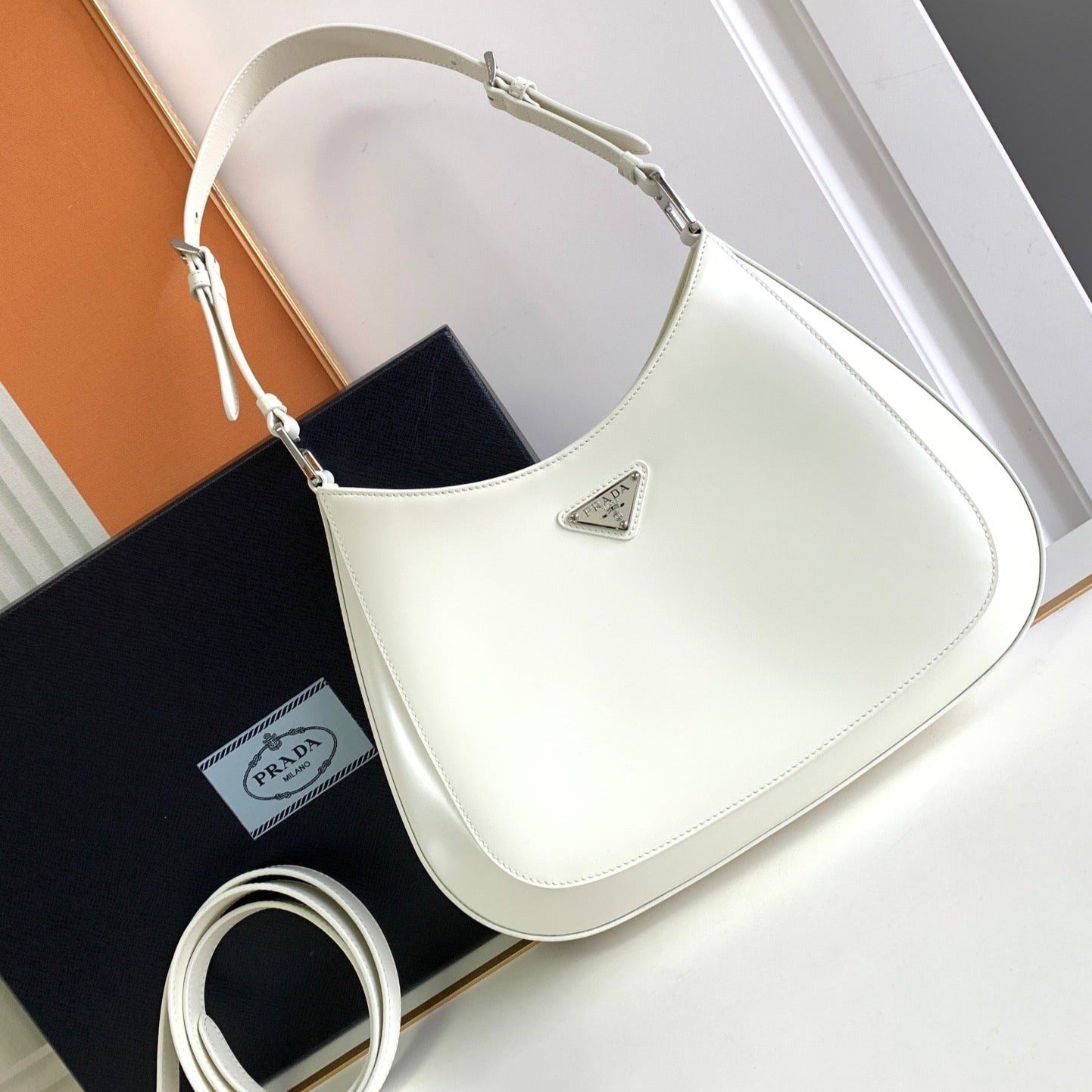Luxury PradaCLEO 30 WHITE BRUSHED LEATHER SHOULDER BAG