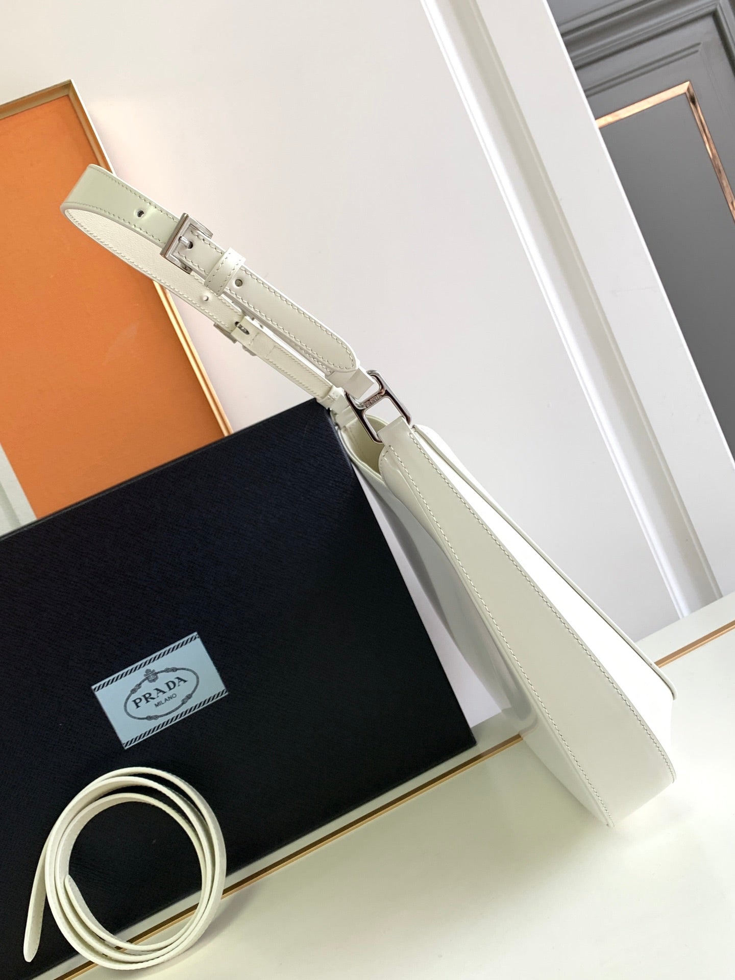 Luxury PradaCLEO 30 WHITE BRUSHED LEATHER SHOULDER BAG