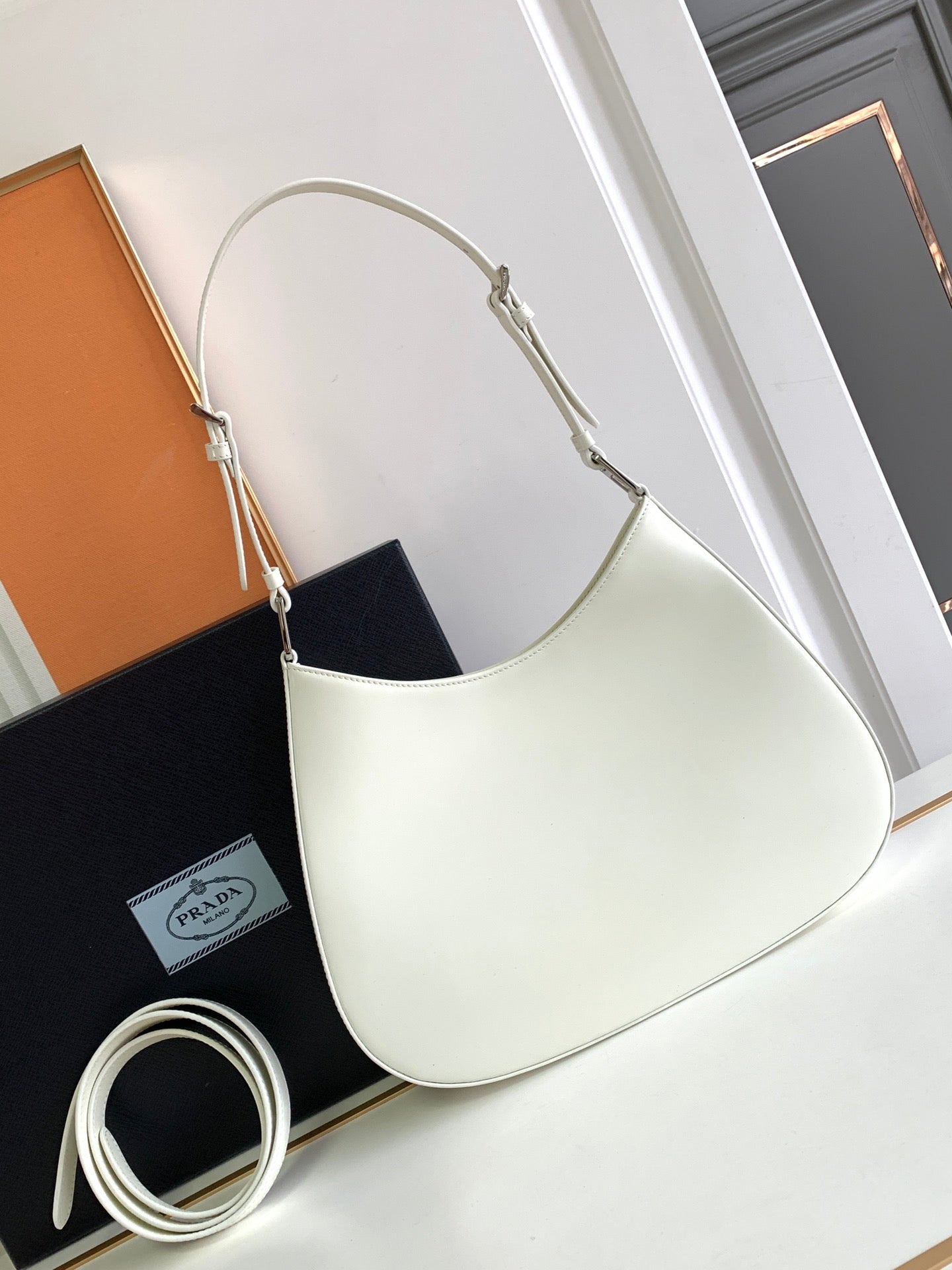Luxury PradaCLEO 30 WHITE BRUSHED LEATHER SHOULDER BAG