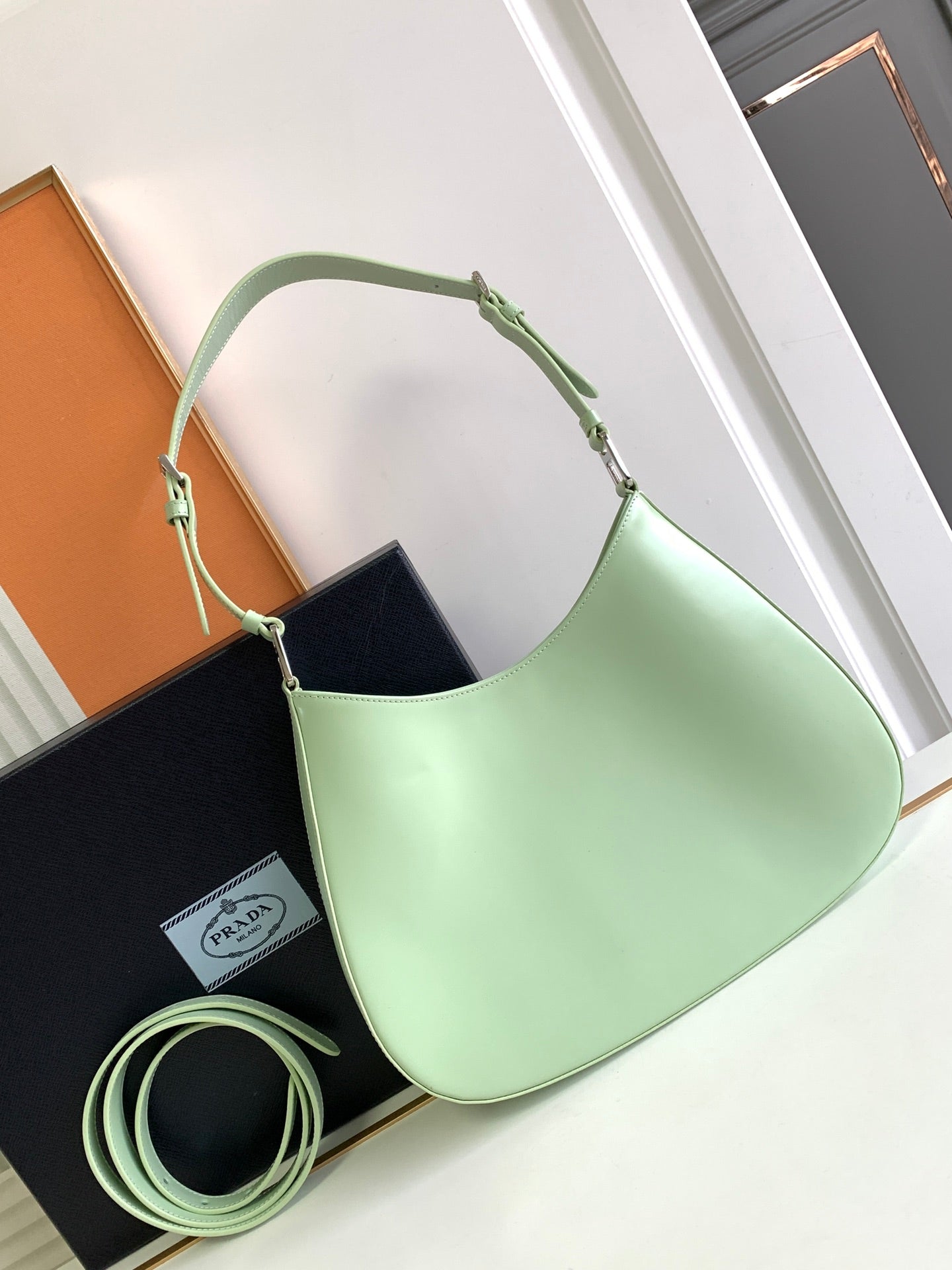 Luxury PradaCLEO 30 LIGHT GREEN BRUSHED LEATHER SHOULDER BAG
