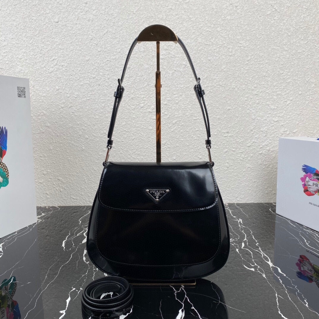 Luxury PradaCLEO 24 BLACK BRUSHED LEATHER SHOULDER BAG