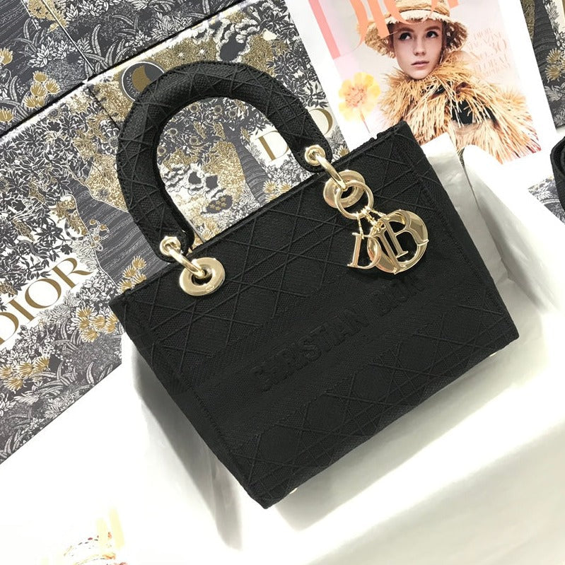 Luxury DiorMEDIUM LADY D-LITE 24 BLACK CANNANGE EMBROIDERY