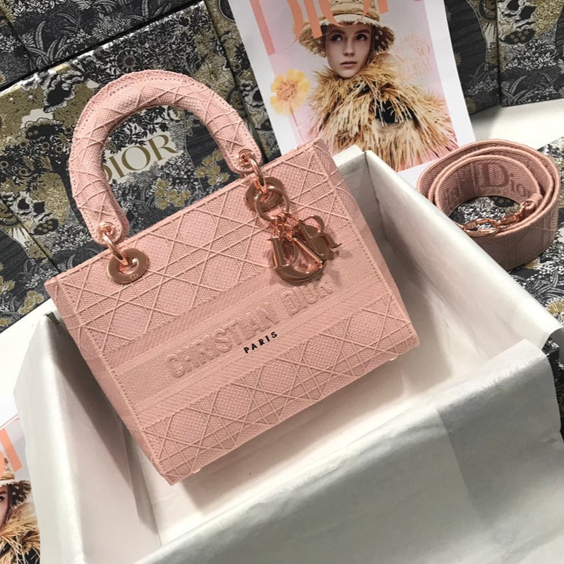 Luxury DiorMEDIUM LADY D-LITE 24 PINK CANNAGE EMBROIDERY