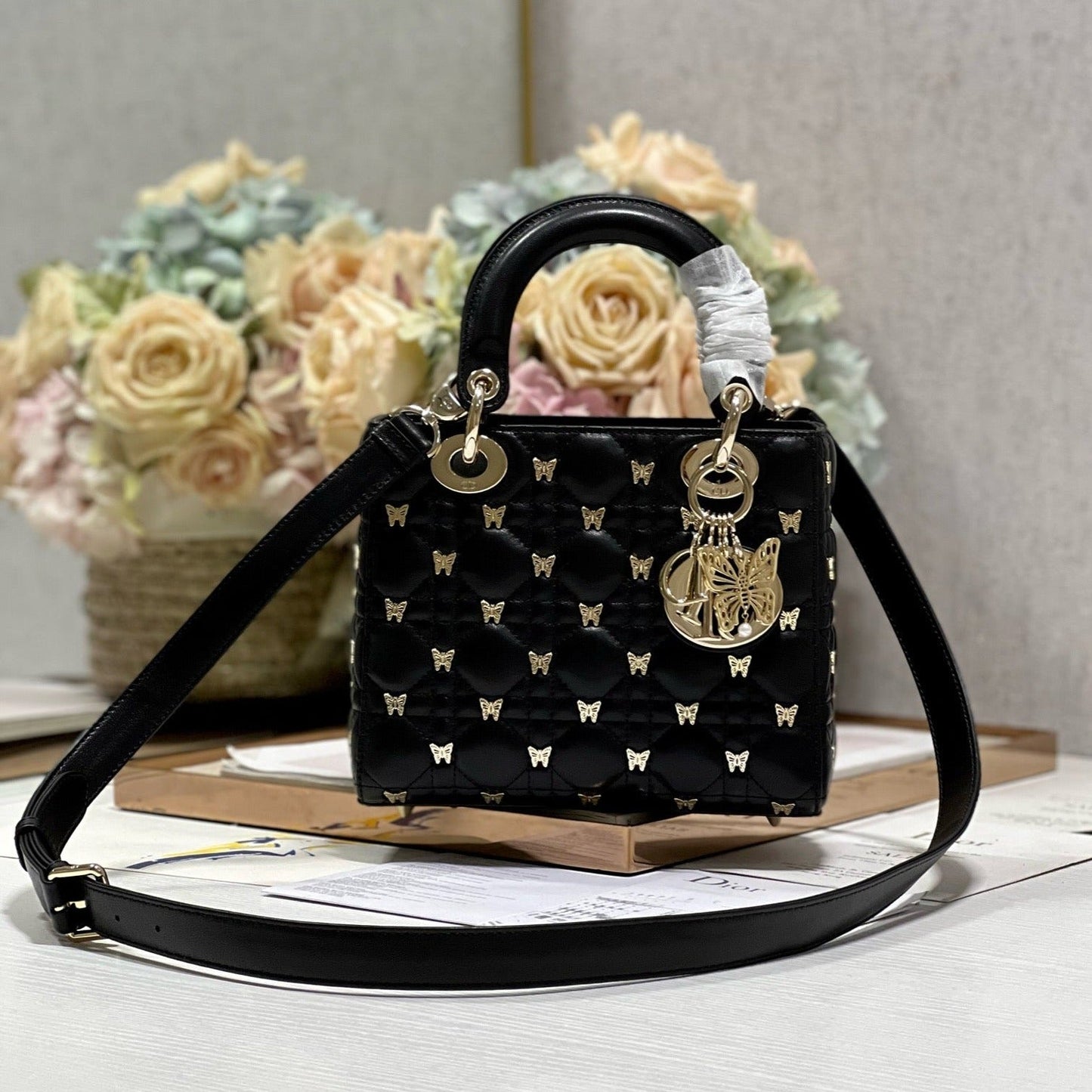 Luxury DiorSMALL LADY 20 BUTTERFLY STUD BLACK LAMBSKIN