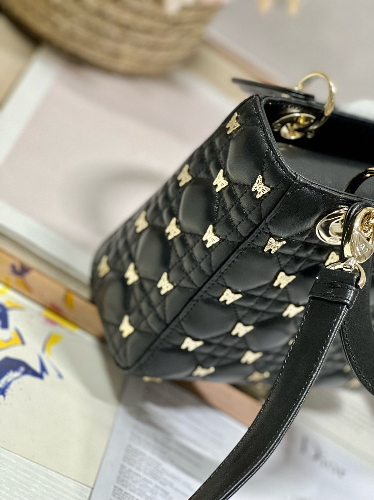 Luxury DiorSMALL LADY 20 BUTTERFLY STUD BLACK LAMBSKIN