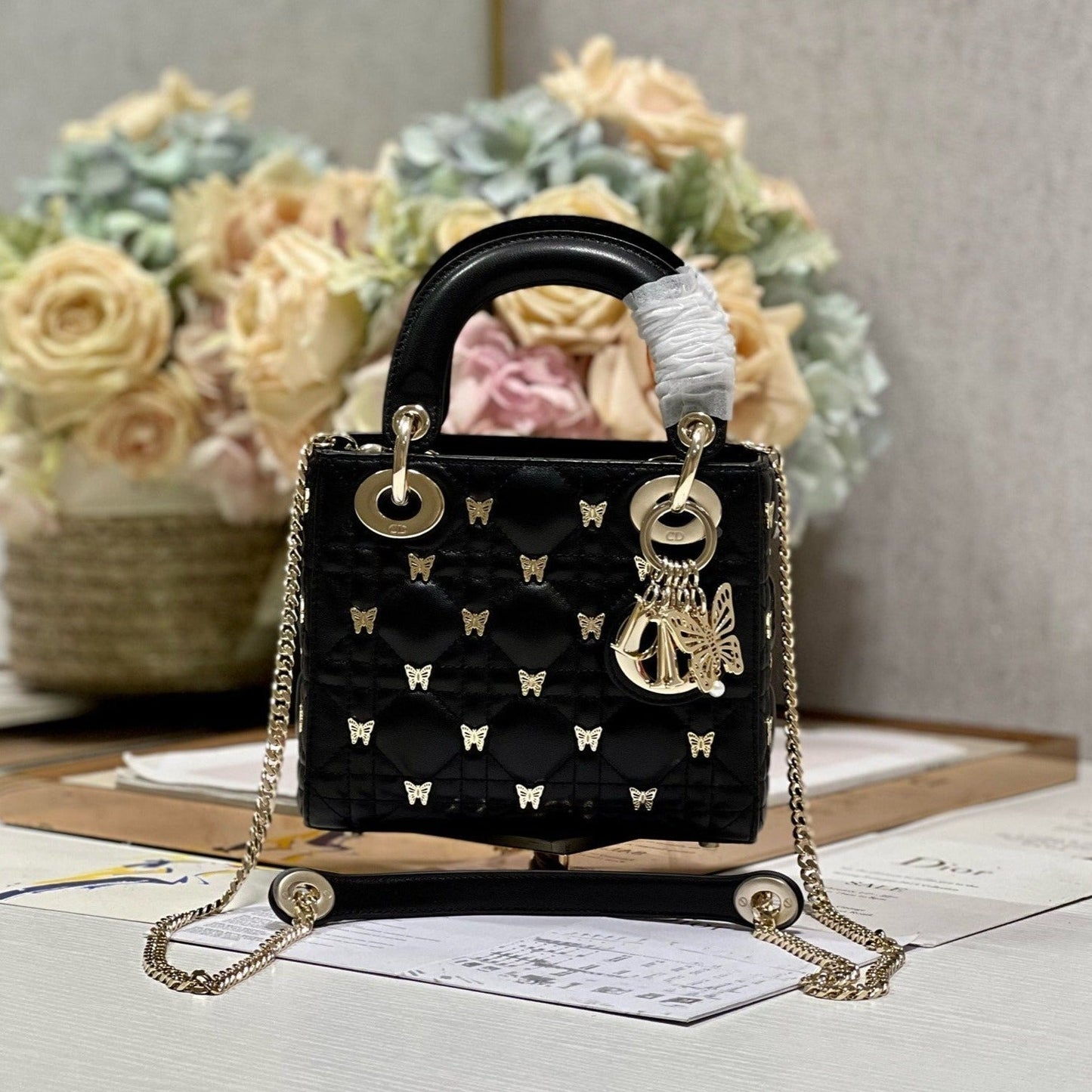 Luxury DiorMINI LADY 17 BUTTERFLY STUD BLACK LAMBSKIN