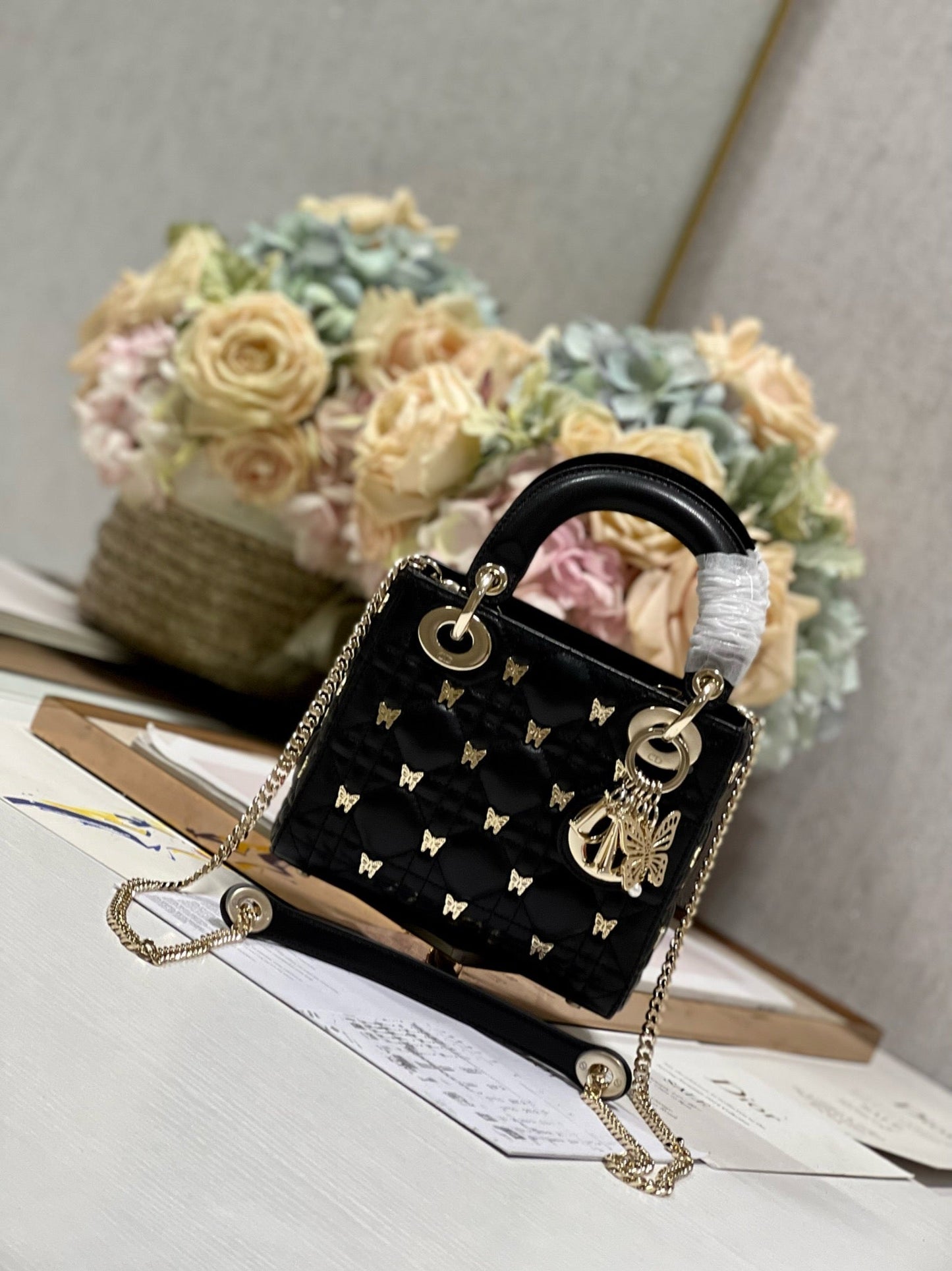 Luxury DiorMINI LADY 17 BUTTERFLY STUD BLACK LAMBSKIN