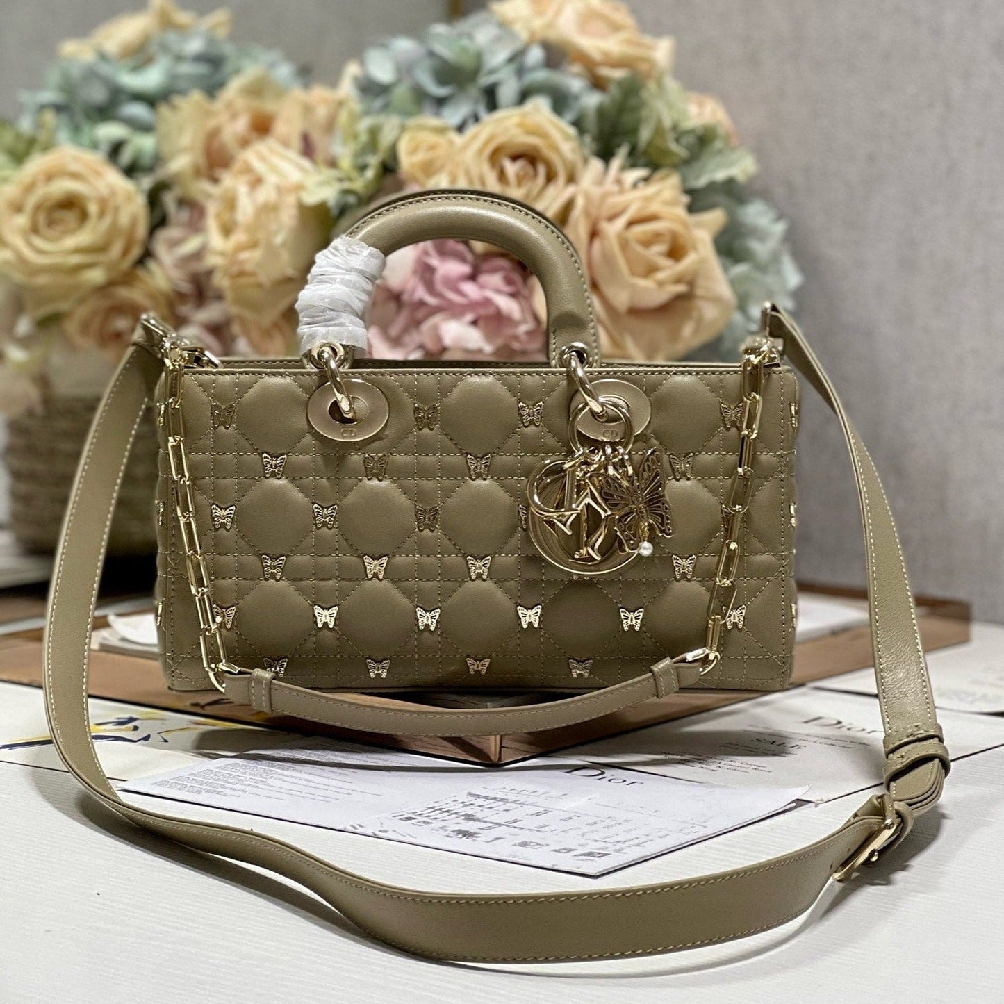 Luxury DiorMEDIUM LADY D-JOY 26 BUTTERFLY STUD OLIVE LAMBSKIN