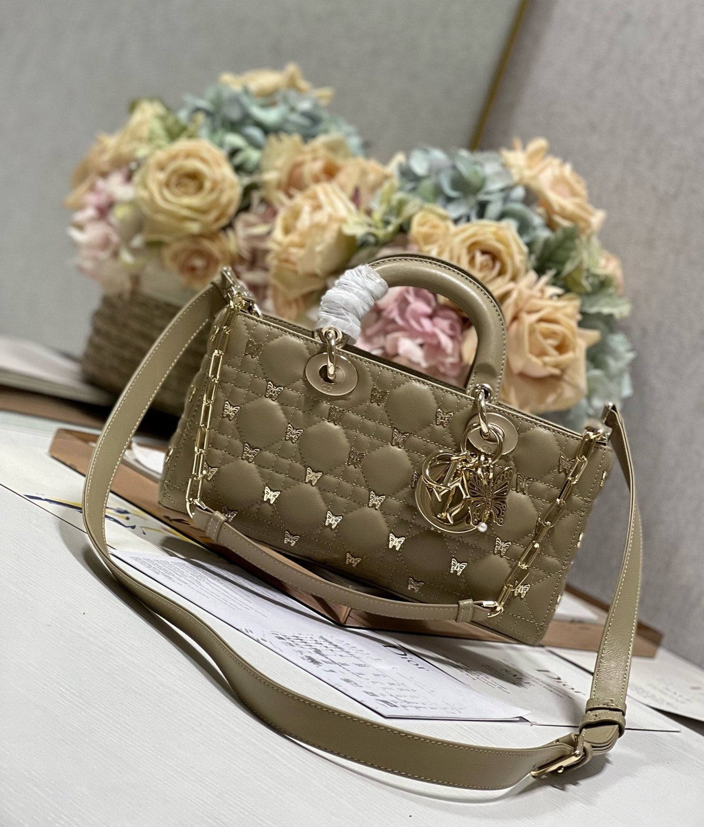 Luxury DiorMEDIUM LADY D-JOY 26 BUTTERFLY STUD OLIVE LAMBSKIN