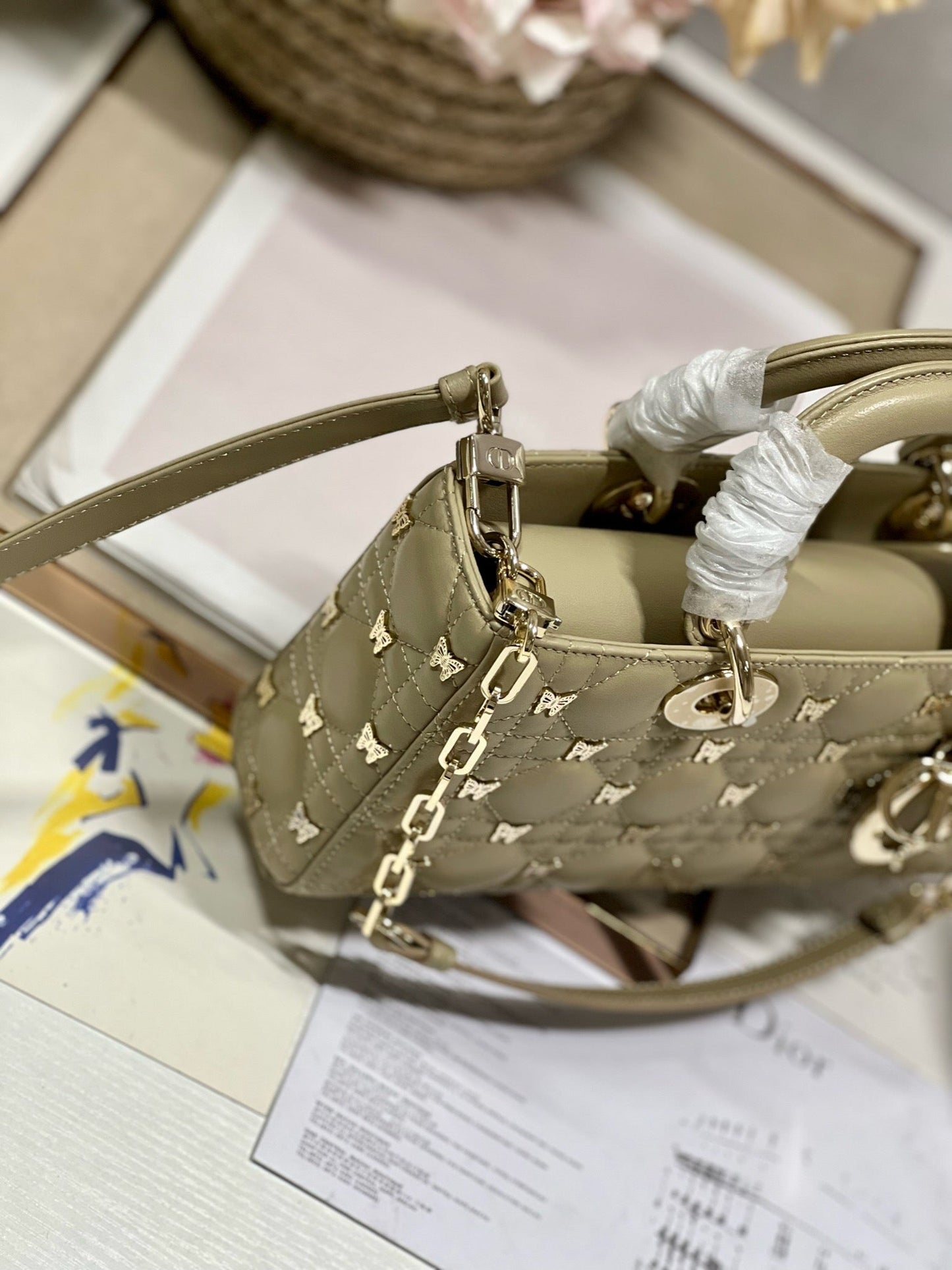 Luxury DiorMEDIUM LADY D-JOY 26 BUTTERFLY STUD OLIVE LAMBSKIN