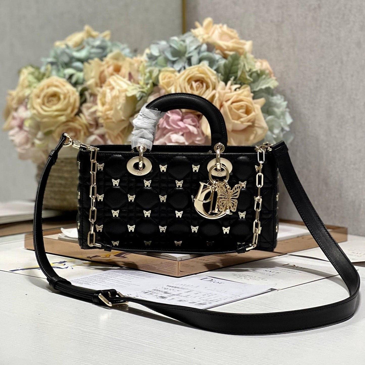 Luxury DiorMEDIUM LADY D-JOY 26 BUTTERFLY STUD BLACK LAMBSKIN