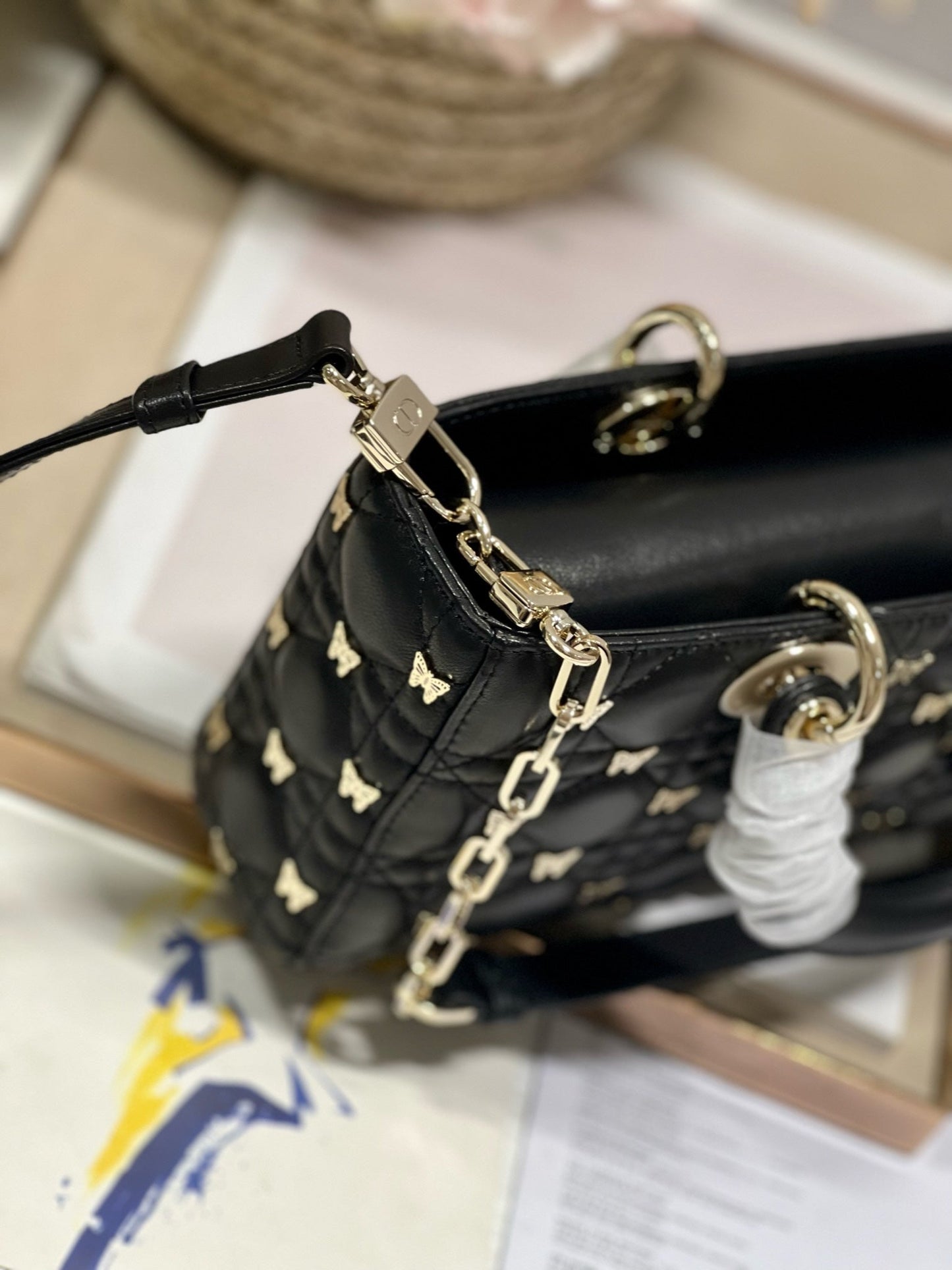 Luxury DiorMEDIUM LADY D-JOY 26 BUTTERFLY STUD BLACK LAMBSKIN