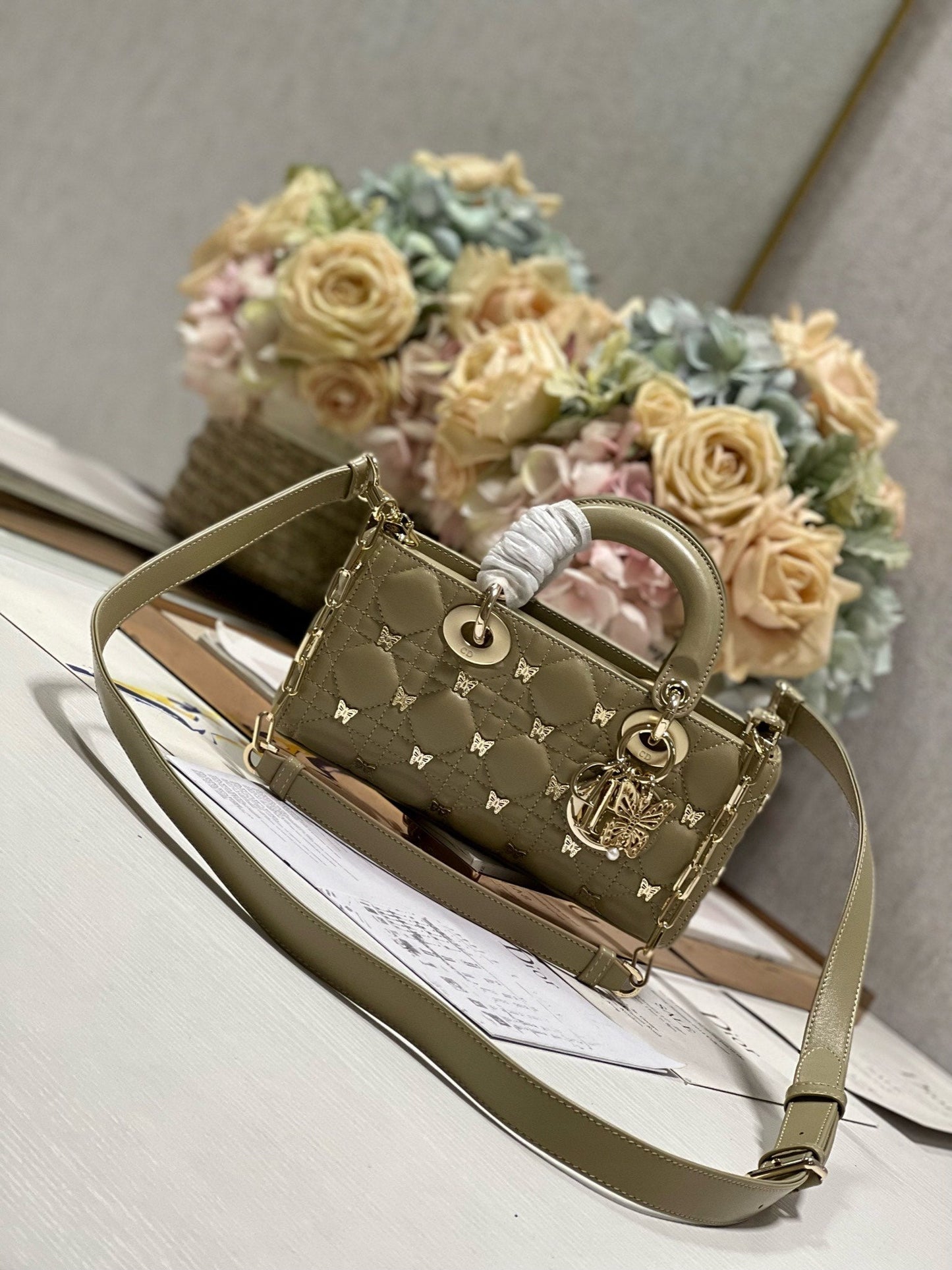 Luxury DiorSMALL LADY D-JOY 22 BUTTERFLY STUD OLIVE LAMBSKIN