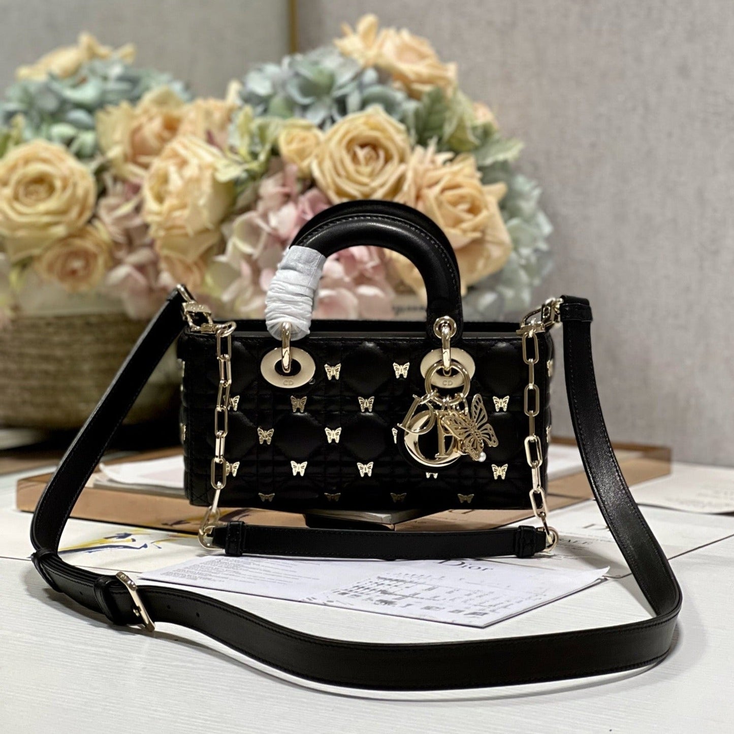 Luxury DiorSMALL LADY D-JOY 22 BUTTERFLY STUD BLACK LAMBSKIN