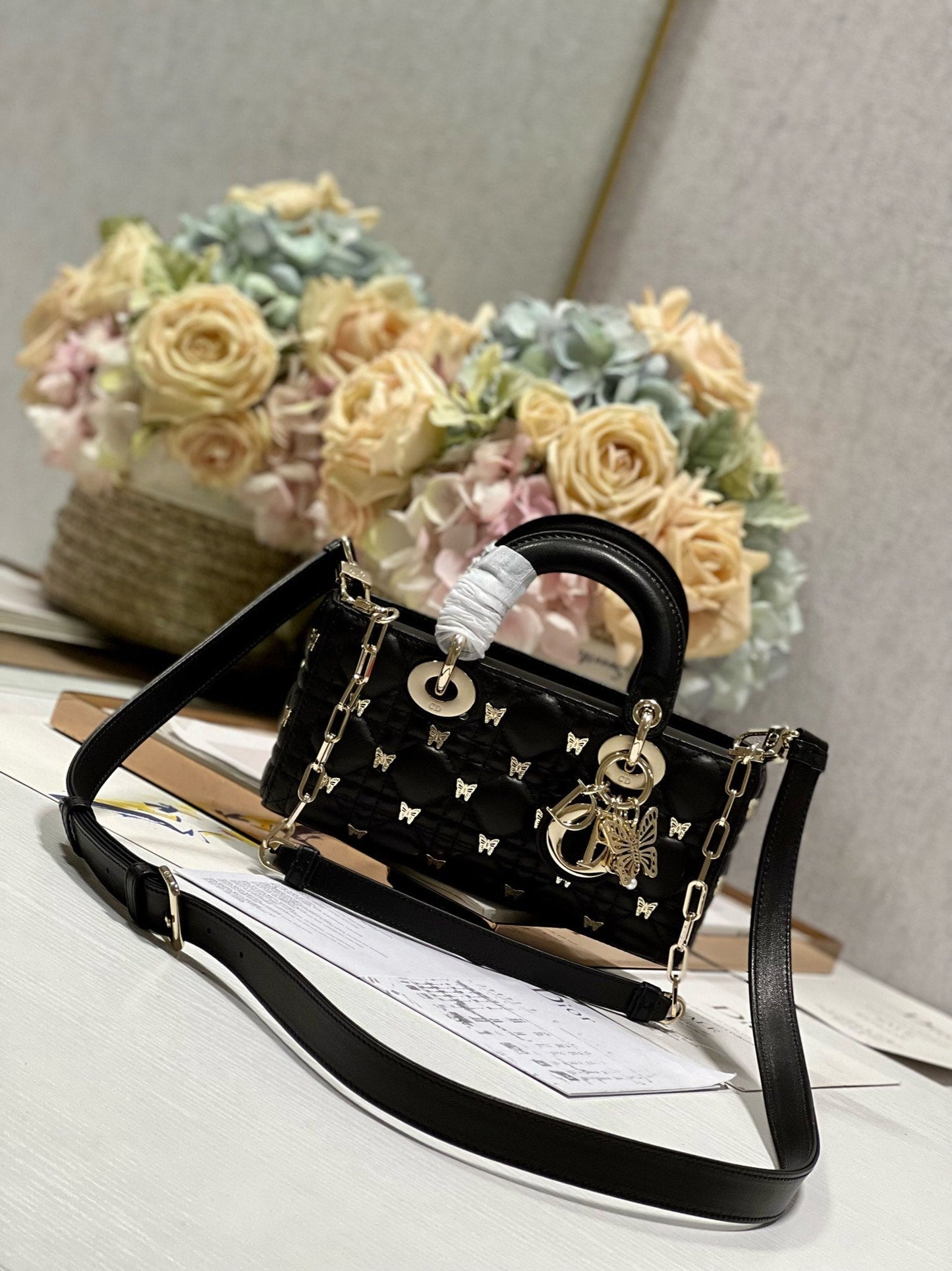 Luxury DiorSMALL LADY D-JOY 22 BUTTERFLY STUD BLACK LAMBSKIN