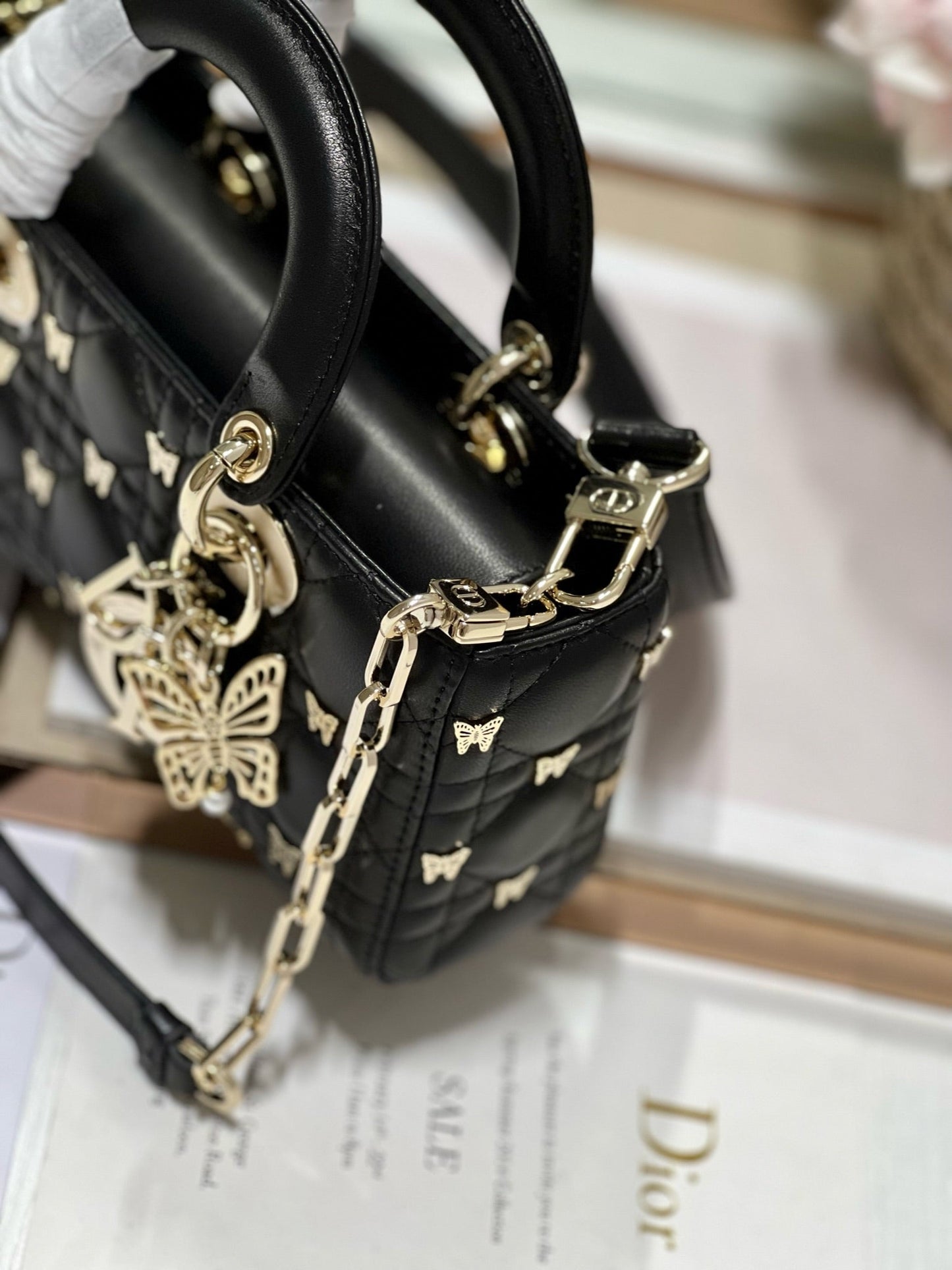 Luxury DiorSMALL LADY D-JOY 22 BUTTERFLY STUD BLACK LAMBSKIN