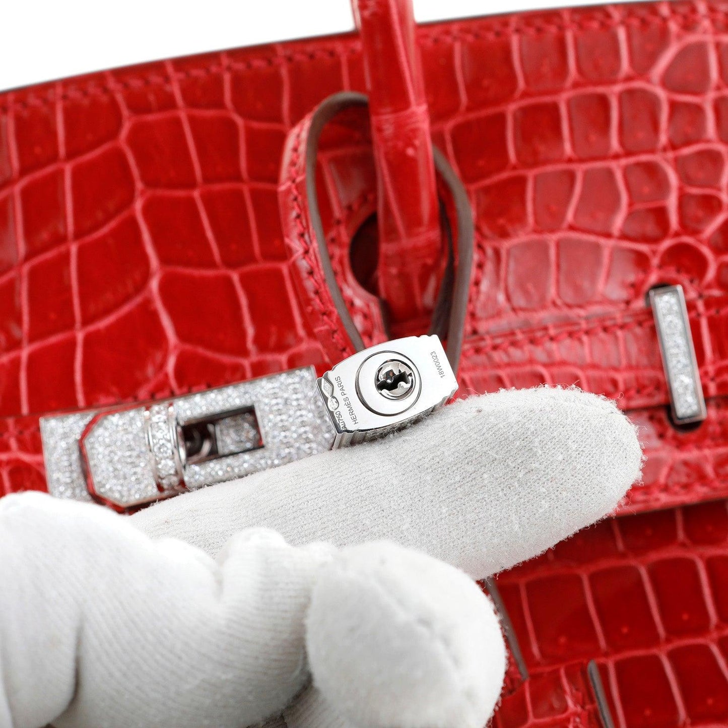 Luxury Hermes 25cm Braise Red Crocodile Birkin w/ Diamond White Gold Hardware
