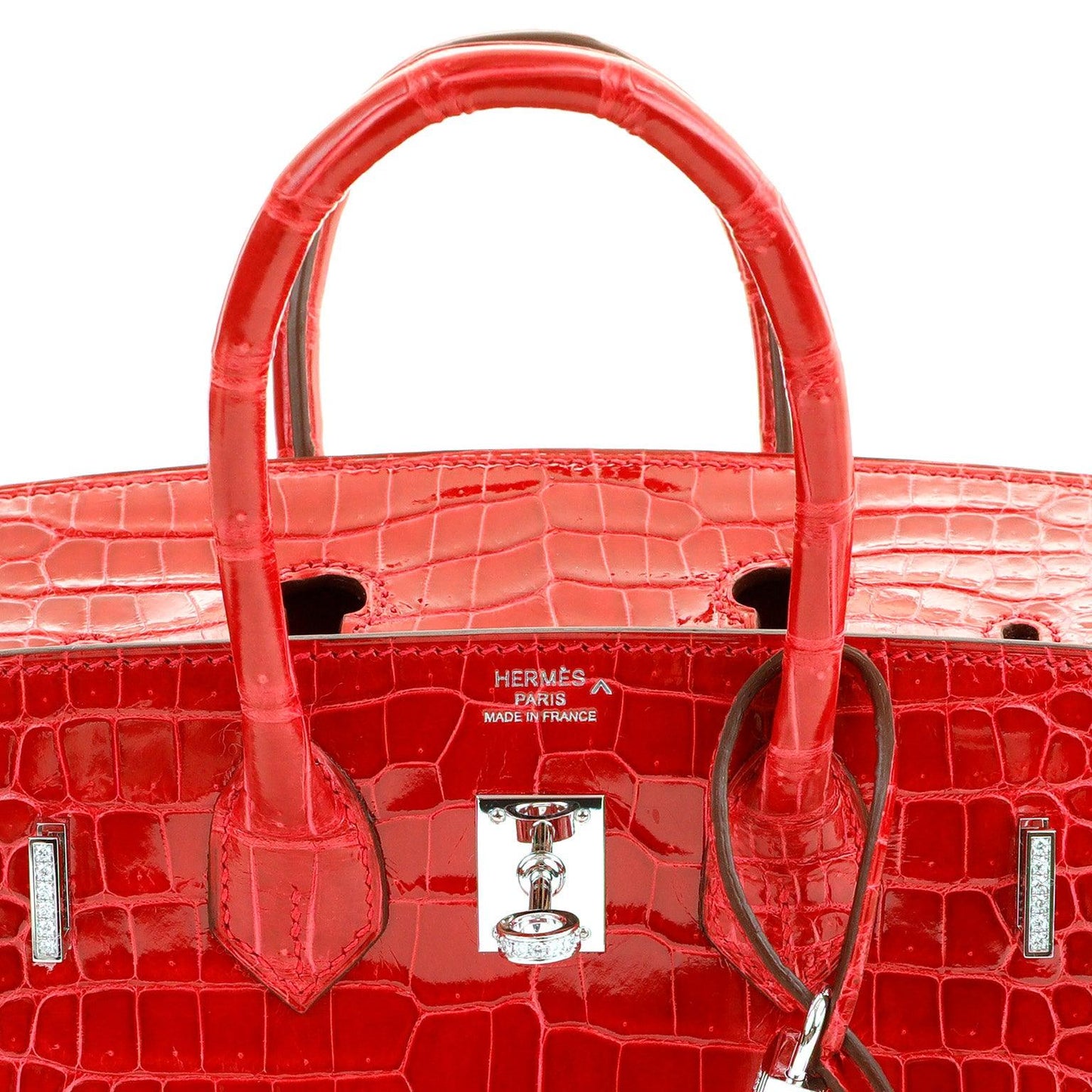 Luxury Hermes 25cm Braise Red Crocodile Birkin w/ Diamond White Gold Hardware