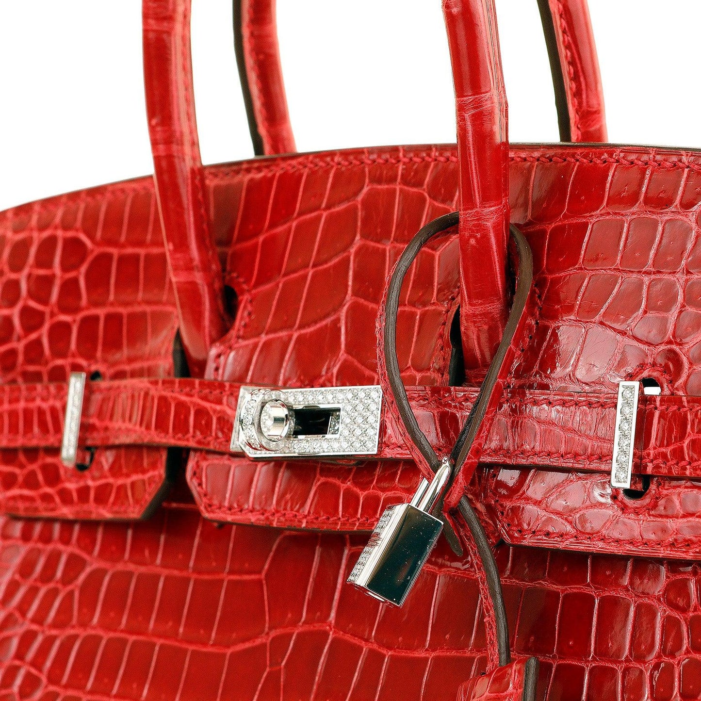 Luxury Hermes 25cm Braise Red Crocodile Birkin w/ Diamond White Gold Hardware