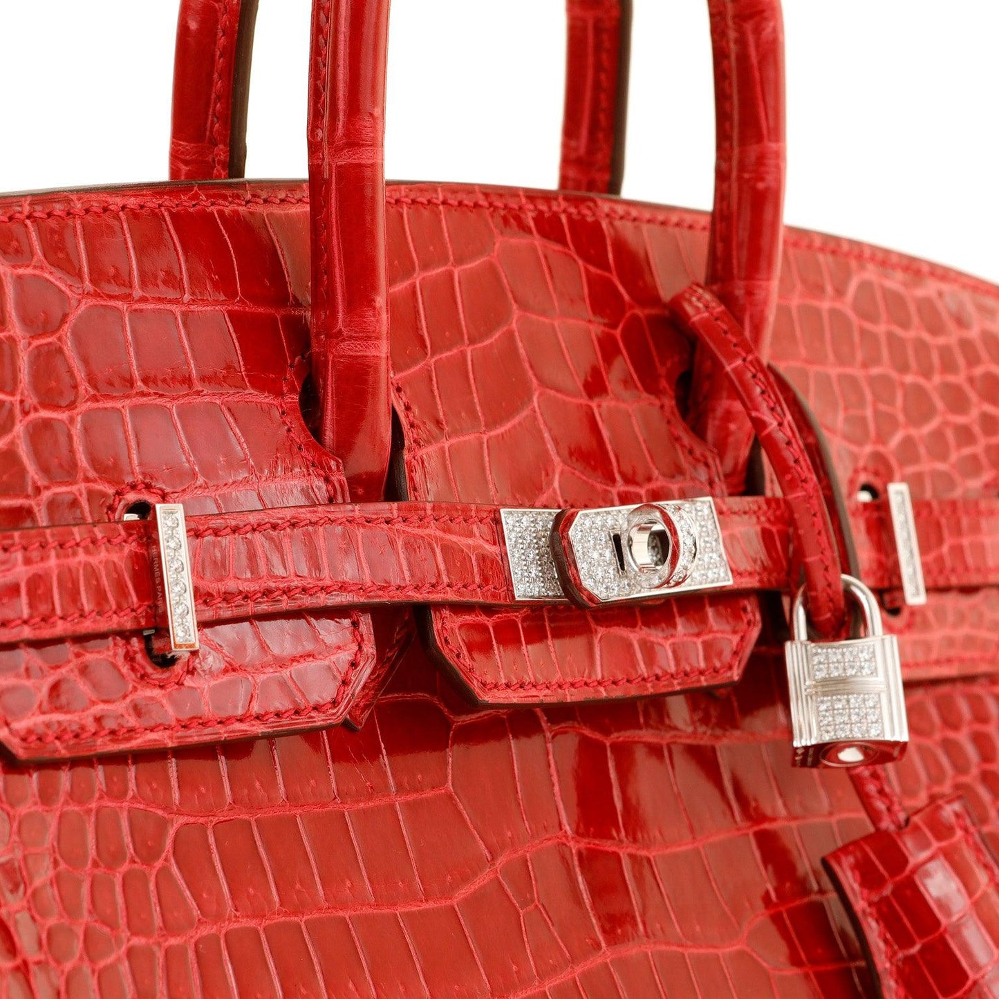 Luxury Hermes 25cm Braise Red Crocodile Birkin w/ Diamond White Gold Hardware