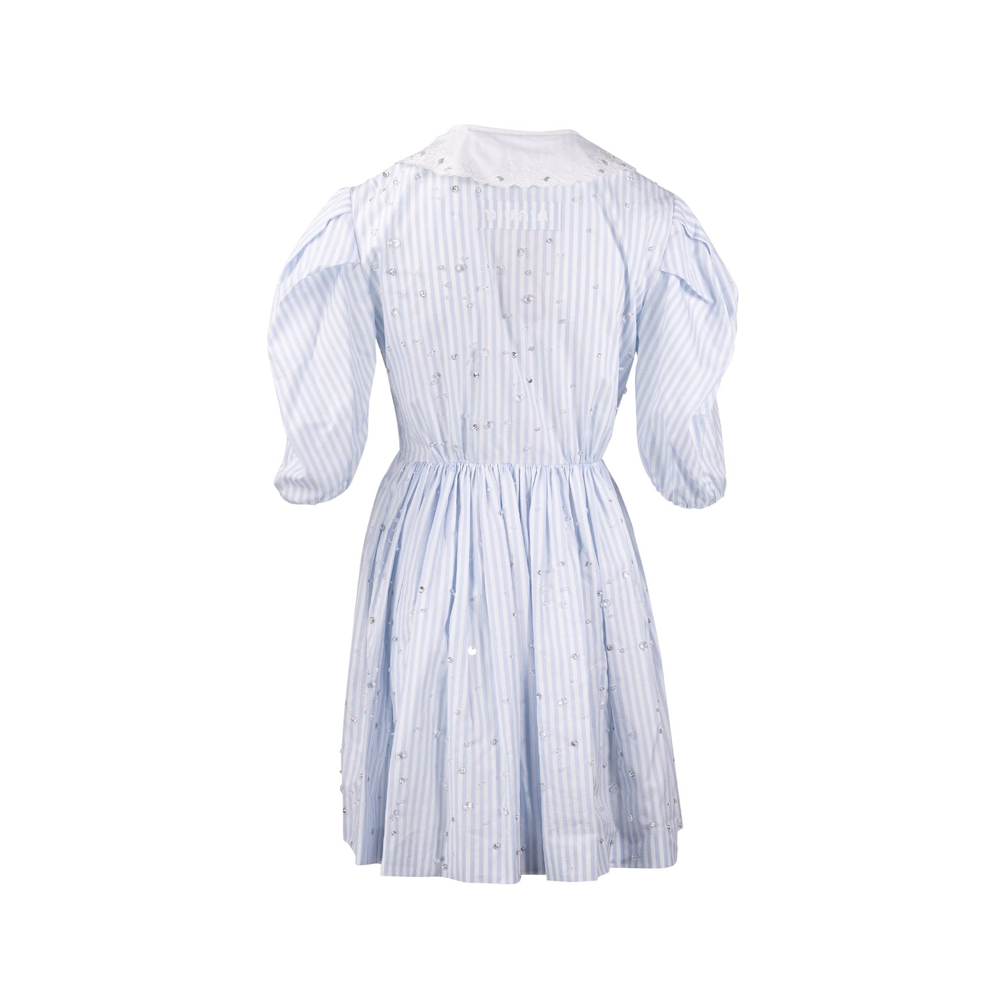 MIU MIU Size 36 Lace Collar Striped Dress With Crystal Cotton White/Blue