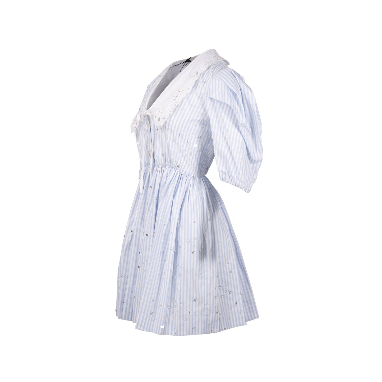 MIU MIU Size 36 Lace Collar Striped Dress With Crystal Cotton White/Blue