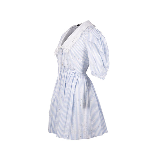 MIU MIU Size 36 Lace Collar Striped Dress With Crystal Cotton White/Blue