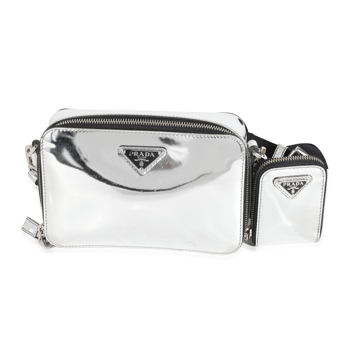 Luxury PradaMetallic Silver Spazzolato Brique Crossbody
