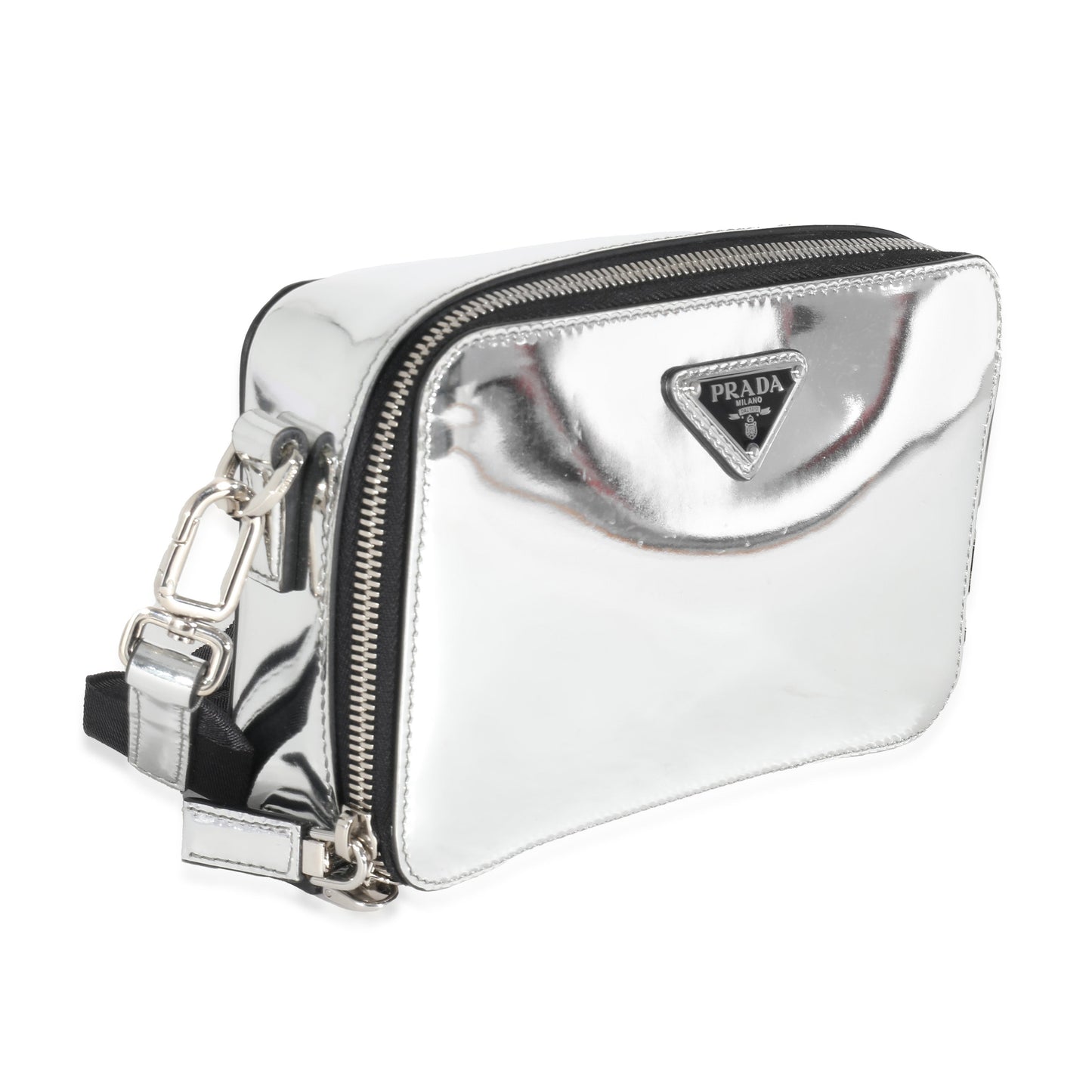 Luxury PradaMetallic Silver Spazzolato Brique Crossbody
