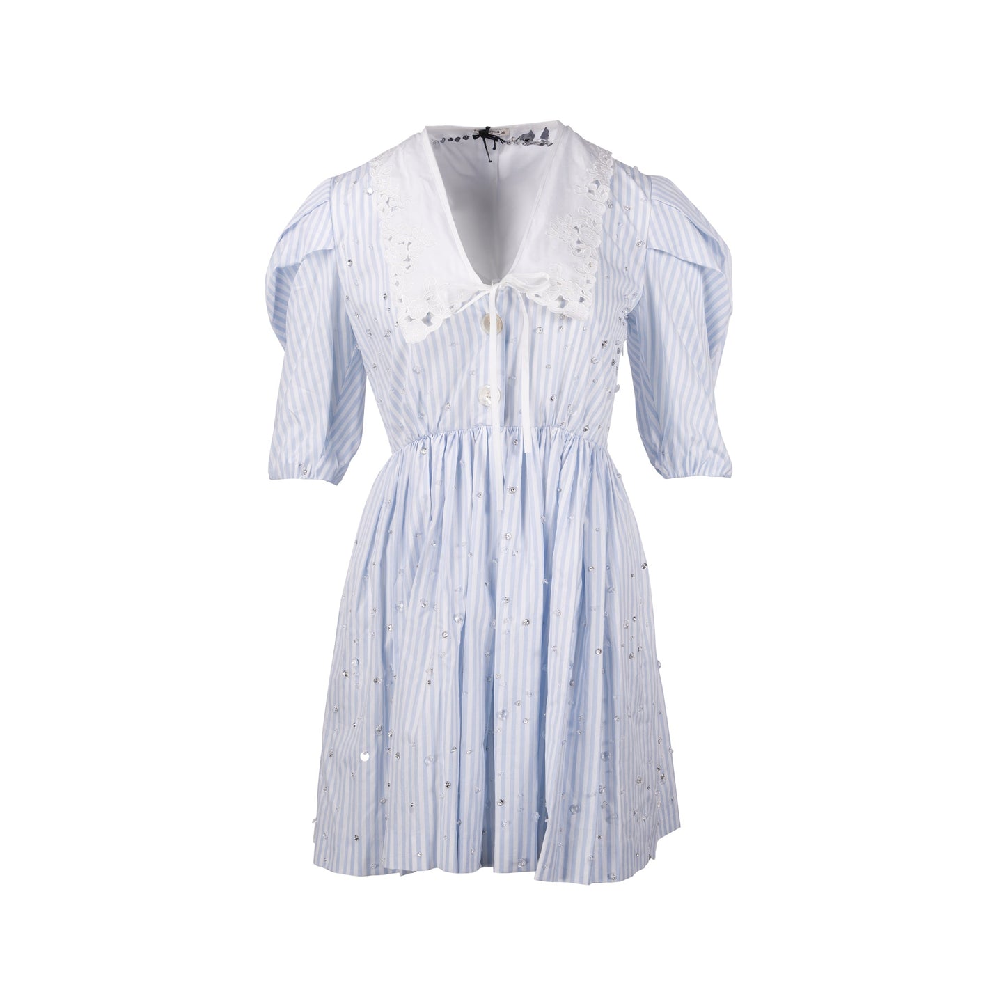 MIU MIU Size 36 Lace Collar Striped Dress With Crystal Cotton White/Blue