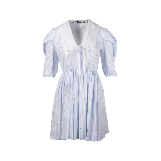 MIU MIU Size 36 Lace Collar Striped Dress With Crystal Cotton White/Blue