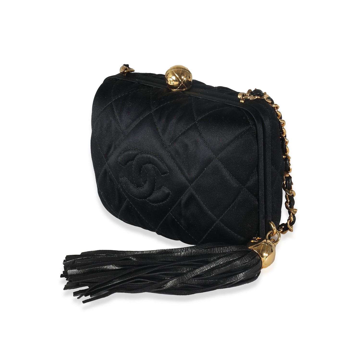 CHANEL Black Quilted Satin CC Tassel Box Clutch