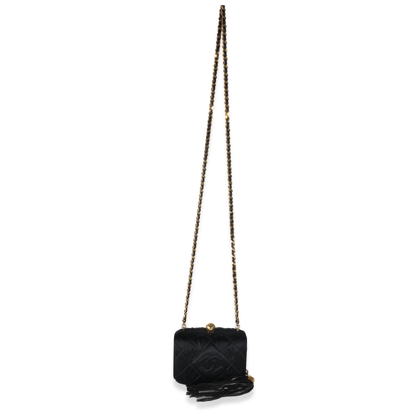 CHANEL Black Quilted Satin CC Tassel Box Clutch