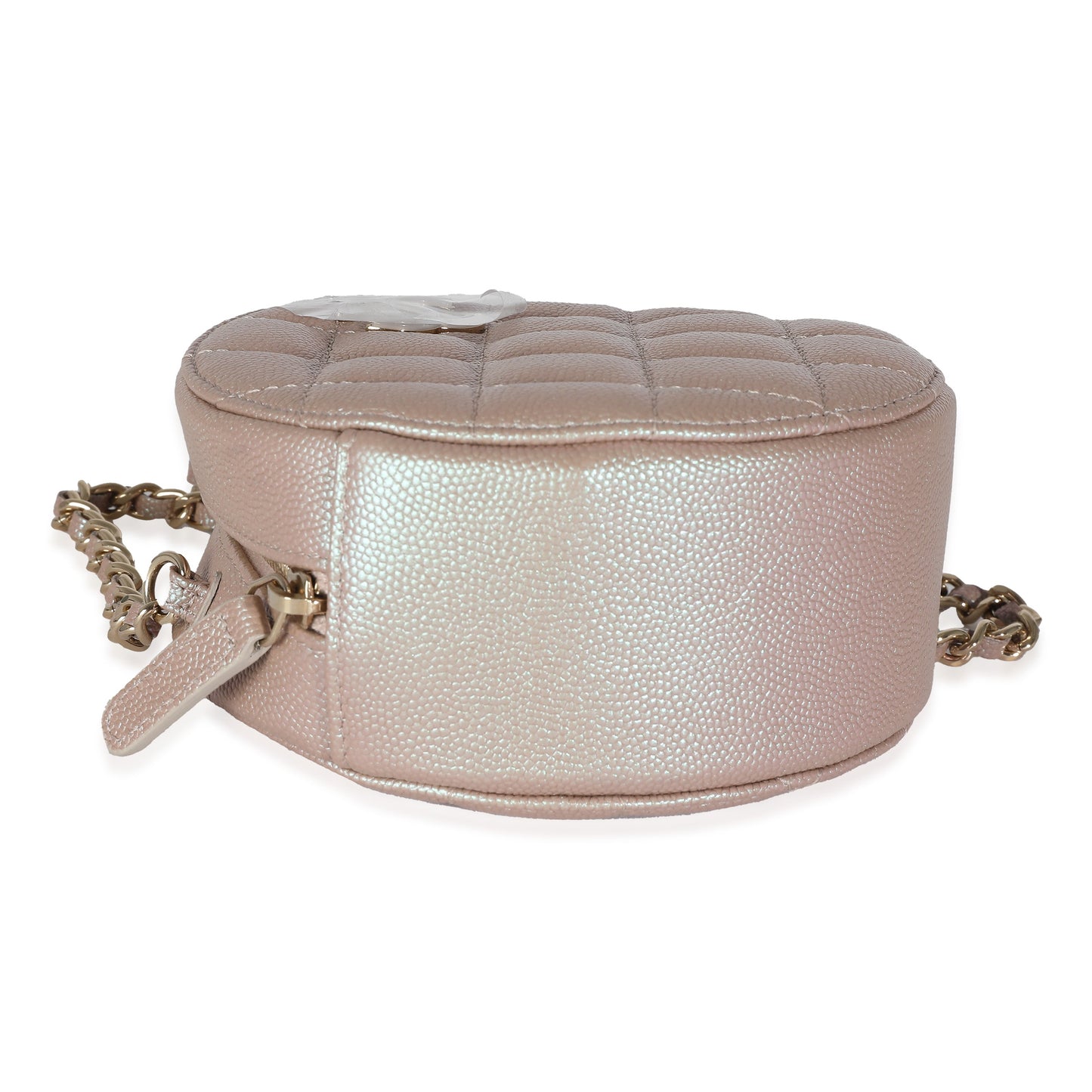 CHANEL Pink Iridescent Quilted Caviar Round Clutch With Chain
